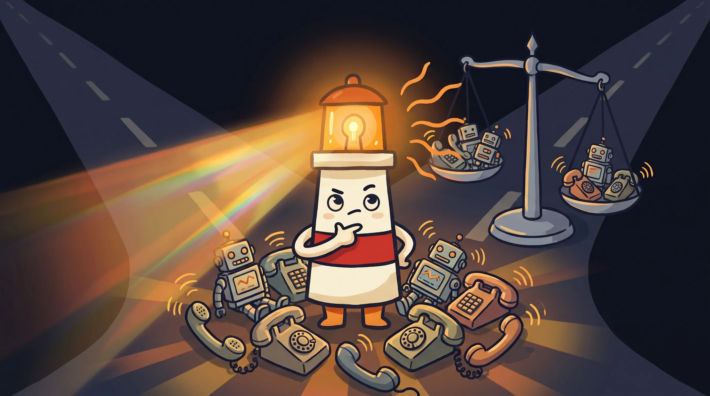 Beacon the lighthouse character shining light on a phone and headset, illustrating AI front desk software vs answering ser...