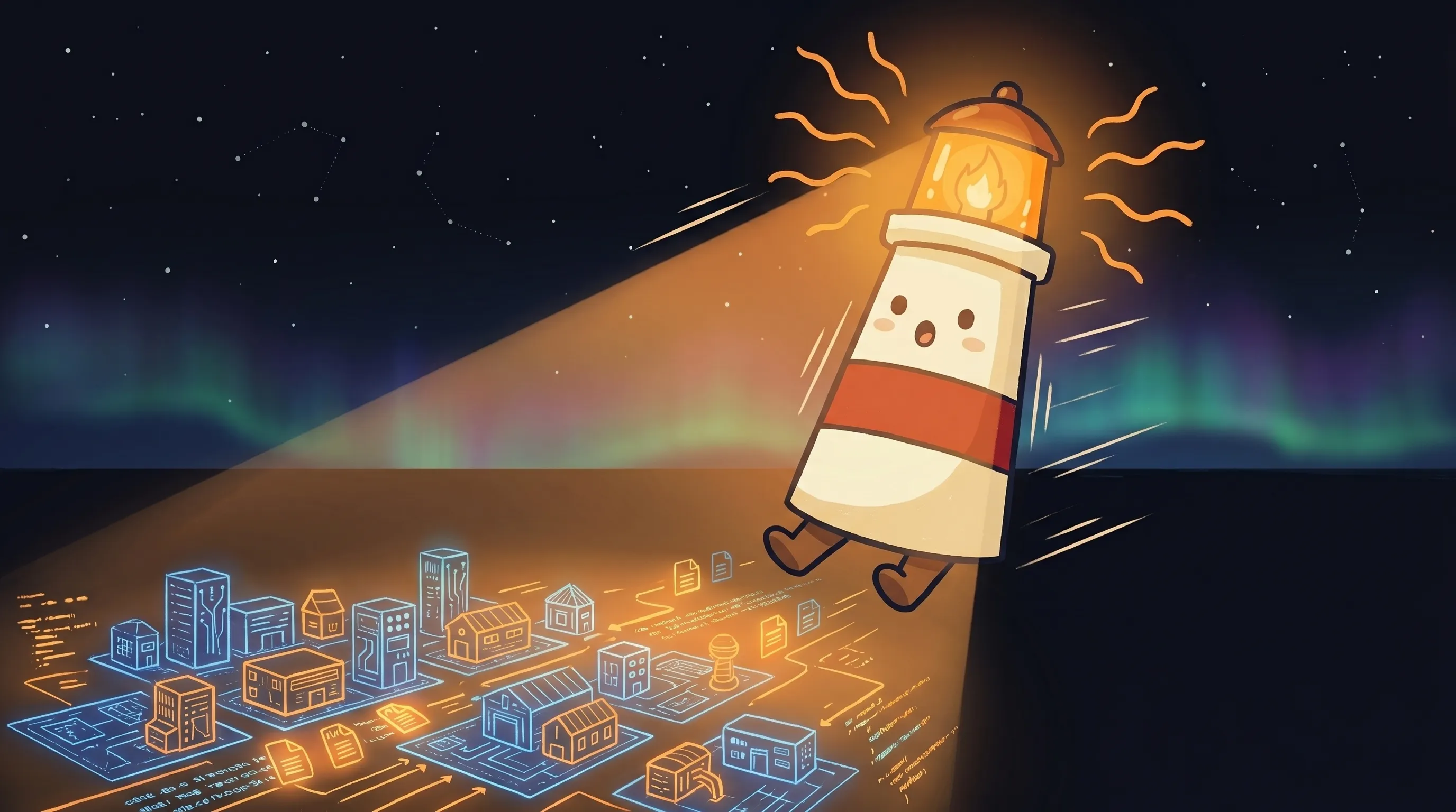 Beacon the lighthouse illuminating a government document labeled "AI Governance," with amber glow and red stripe on navy b...