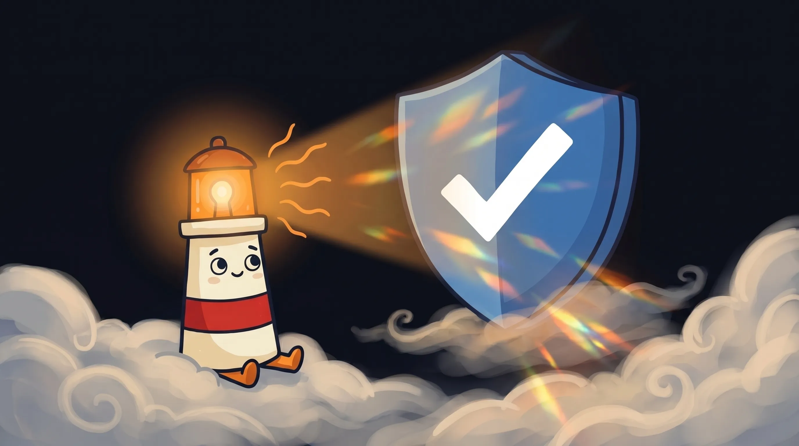 Beacon the lighthouse character shining a warm amber glow onto a checklist, symbolizing safe AI agent delegation.