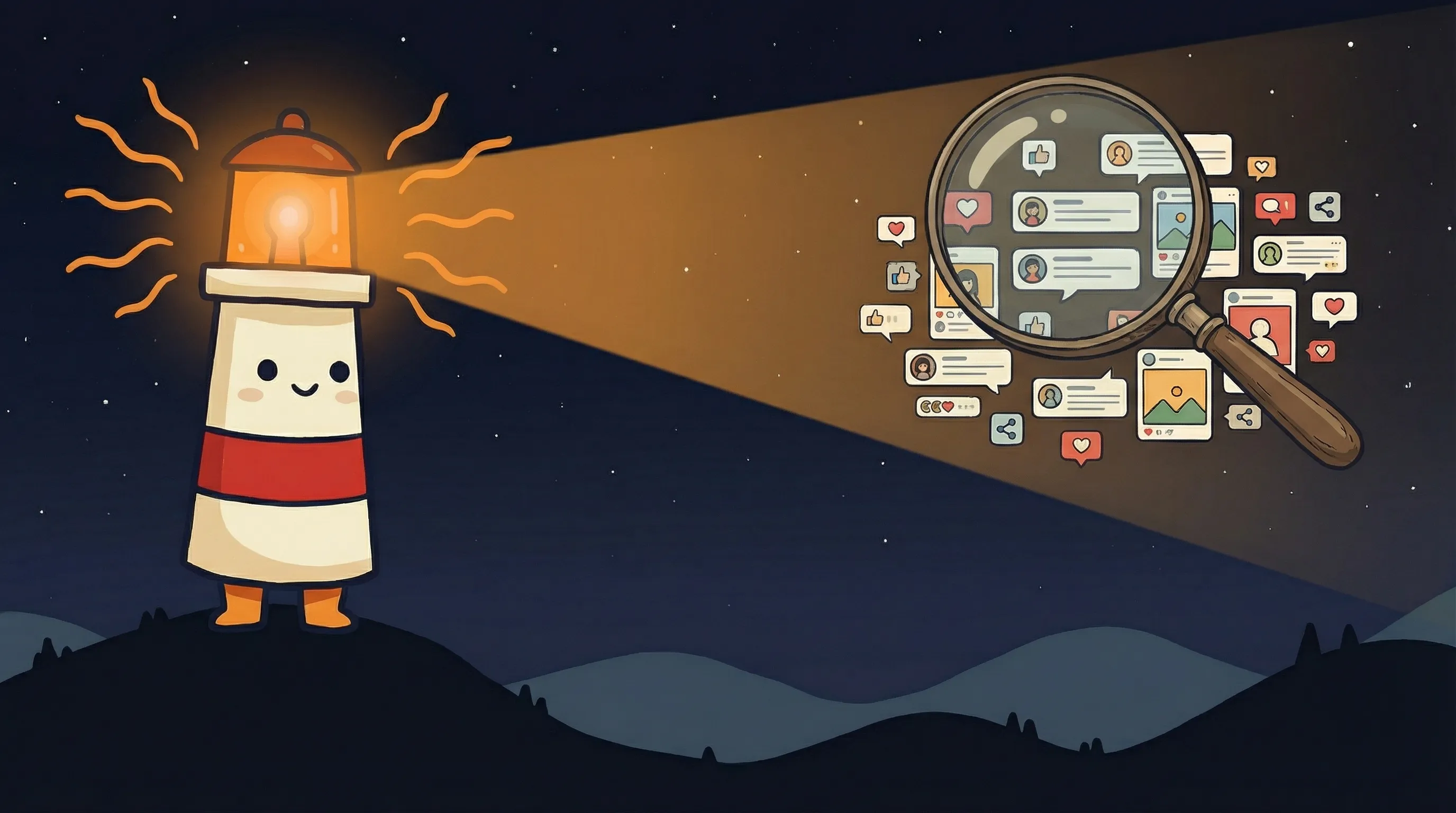 Beacon the lighthouse illuminating a Reddit and X logo, representing AI market research for finding product ideas.