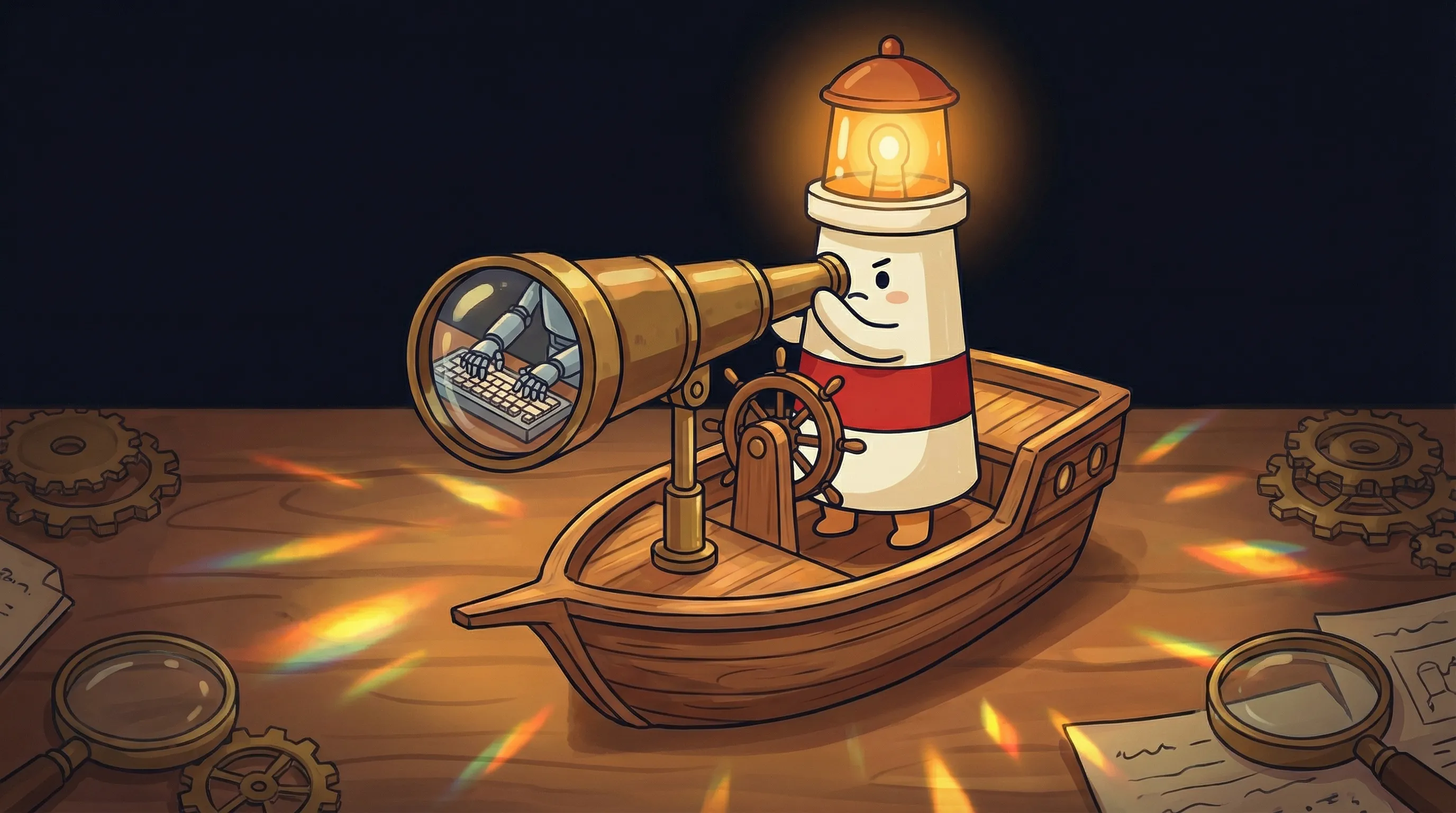 Beacon the lighthouse illuminating a glowing circuit board representing AI marketing automation on dark navy background.