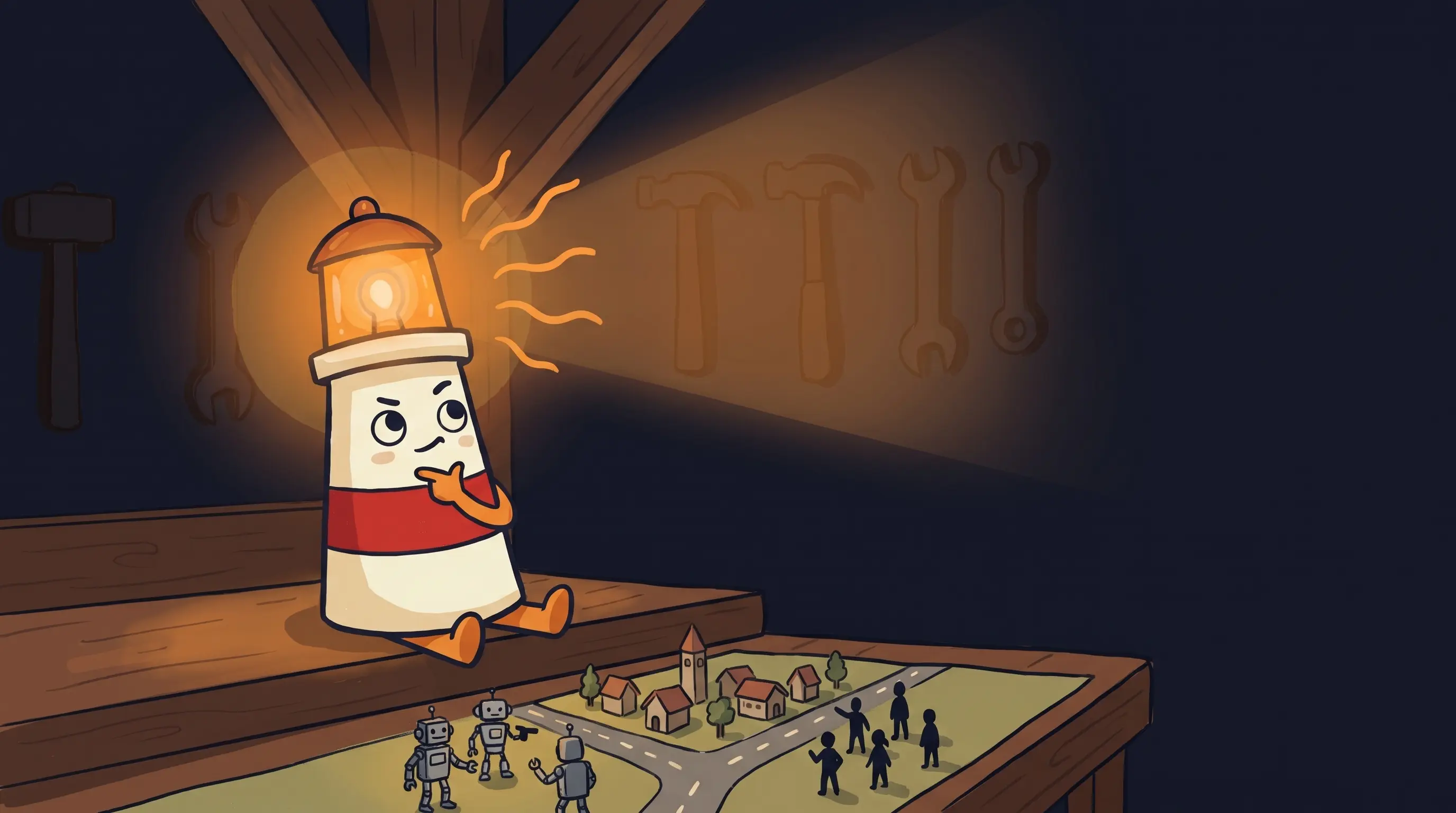 Beacon the lighthouse character shining light on a split screen showing a personal AI assistant versus a virtual assistant...