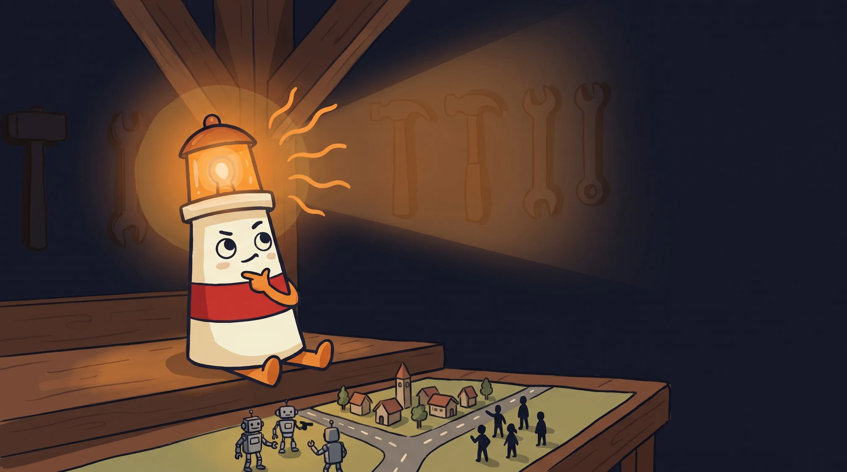 Beacon the lighthouse character shining light on a split screen showing a personal AI assistant versus a virtual assistant...