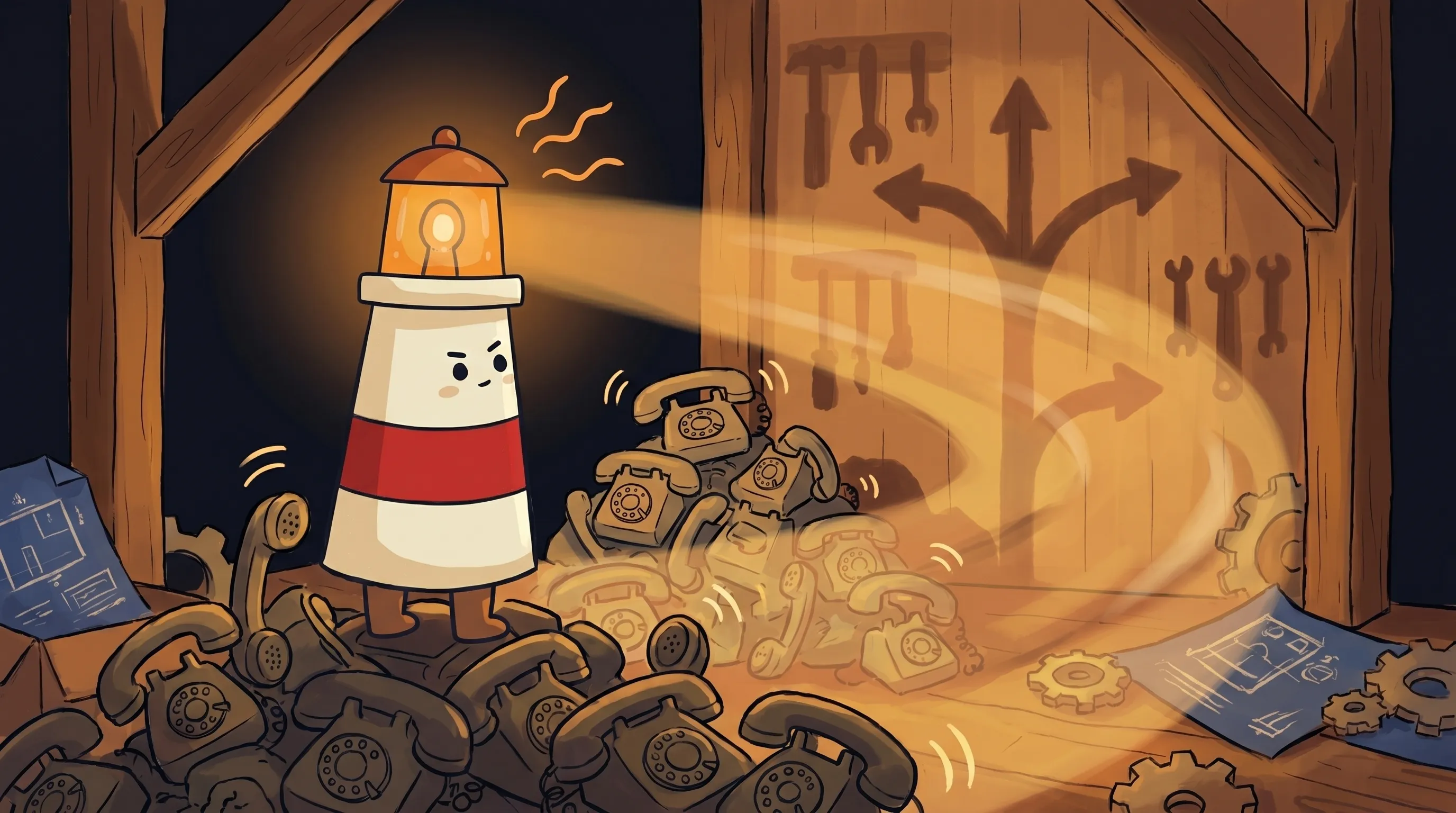 Beacon the lighthouse character shining light on a phone and calendar, illustrating AI receptionist vs follow-up assistant...