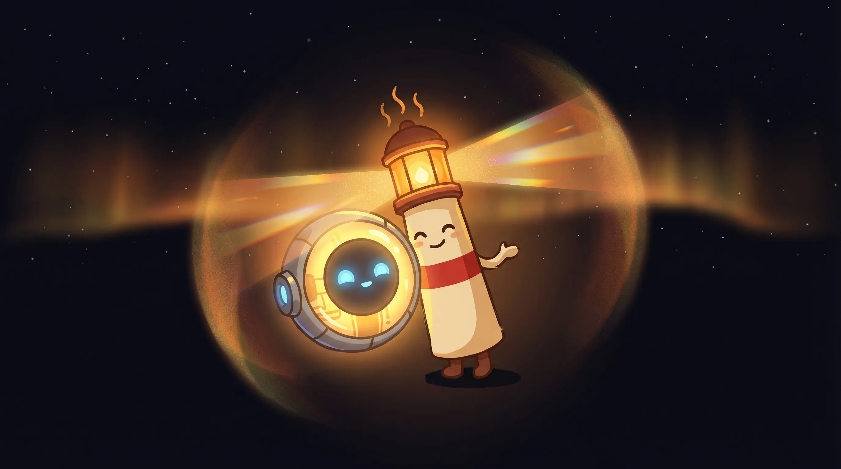 Beacon the lighthouse illuminating a glowing AI-powered virtual assistant interface with warm amber light on a dark navy b...