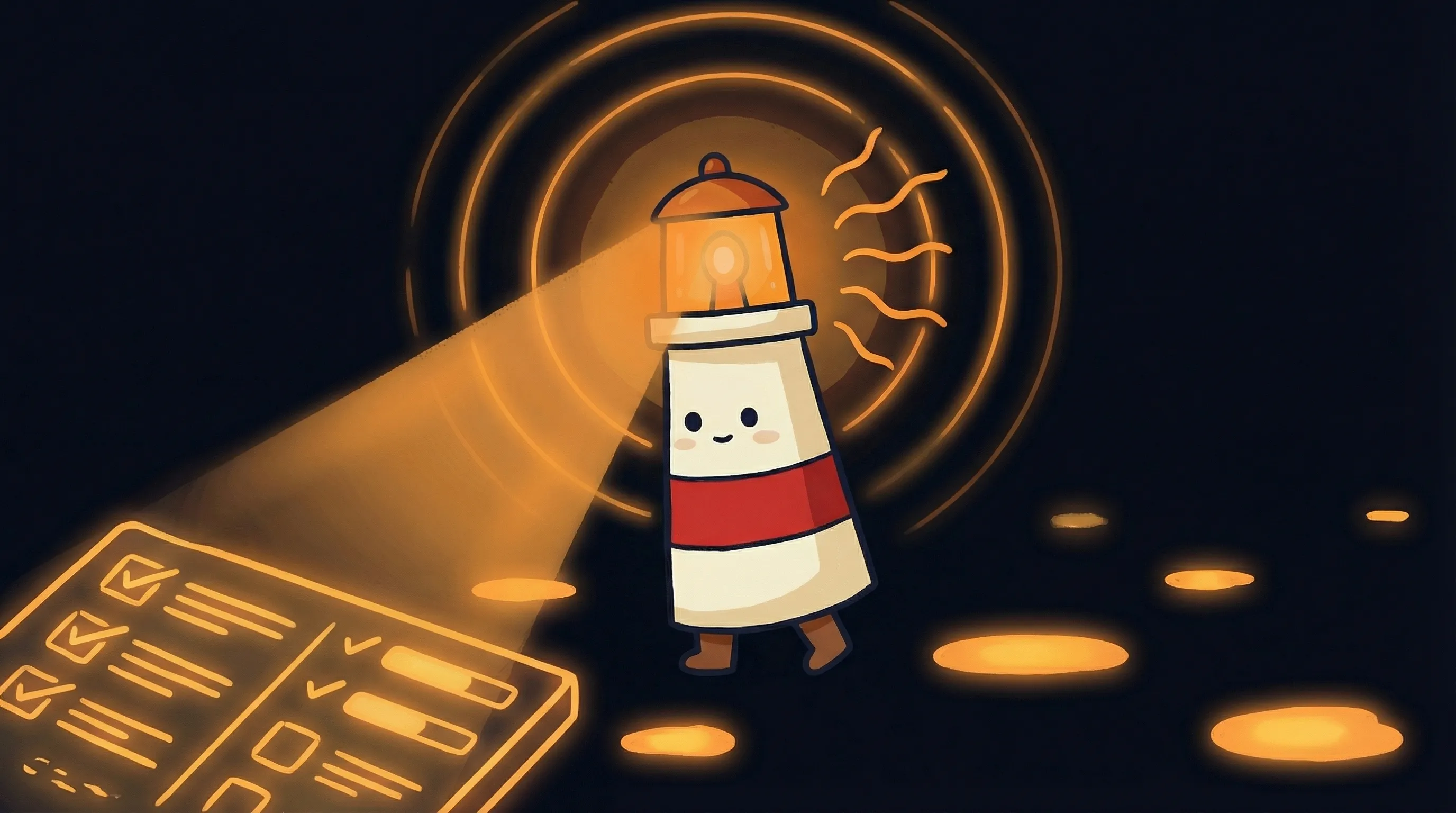 Beacon the lighthouse illuminating a laptop displaying AI project management dashboards on a dark navy background.