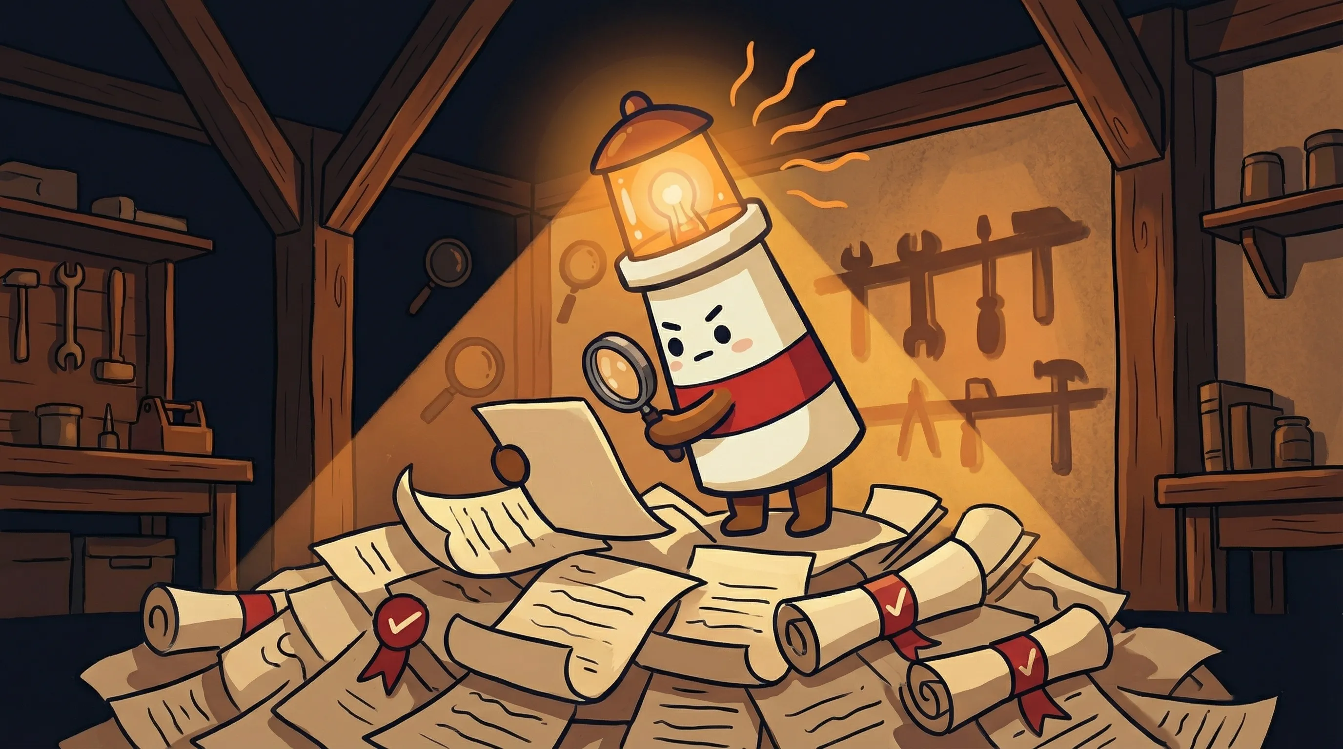 Beacon the lighthouse illuminating a glowing document with proposal text, symbolizing AI-powered business bid writing.