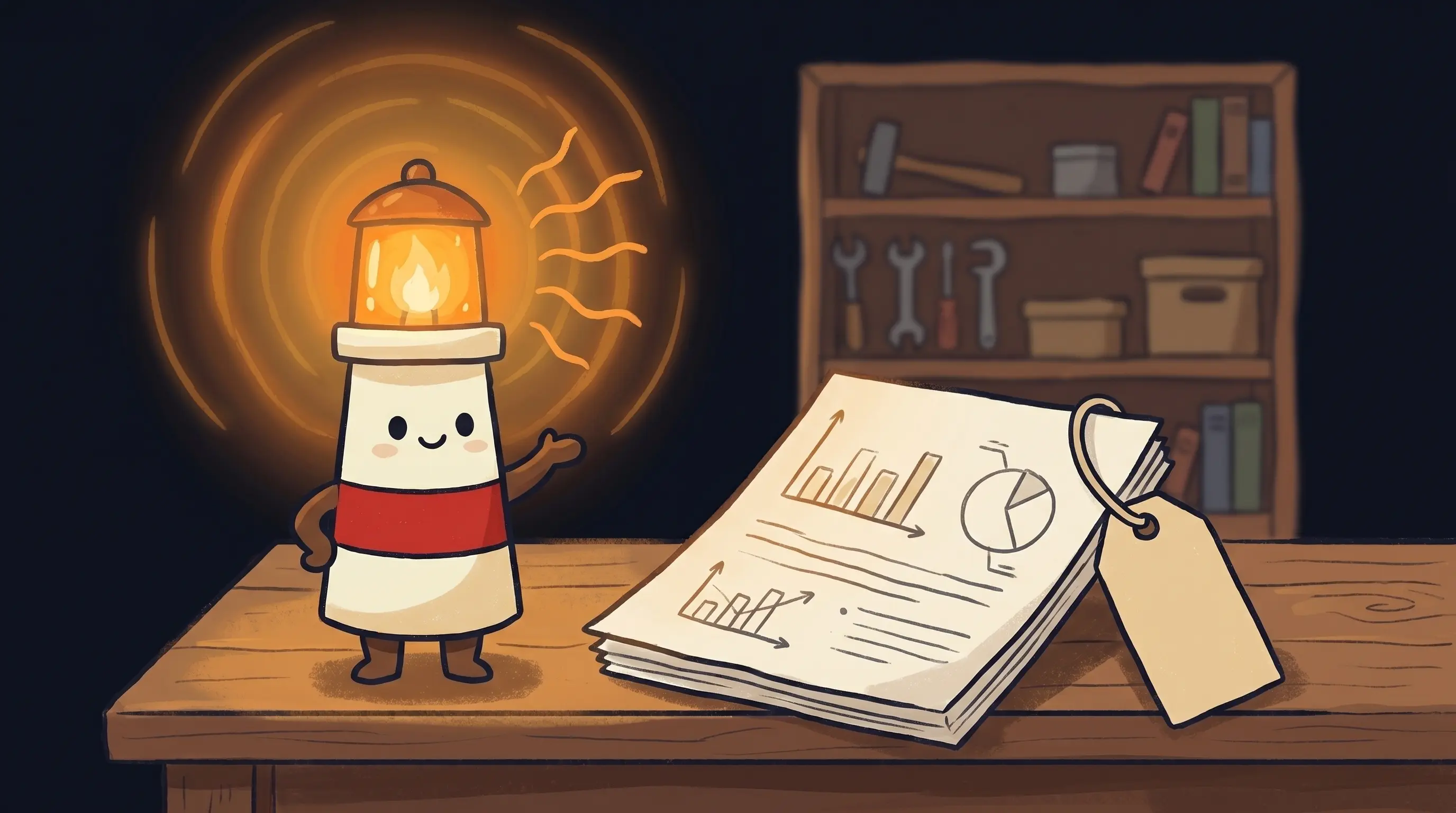 Beacon the lighthouse character shining light on a business quote document, cute cream body with red stripe and glowing am...