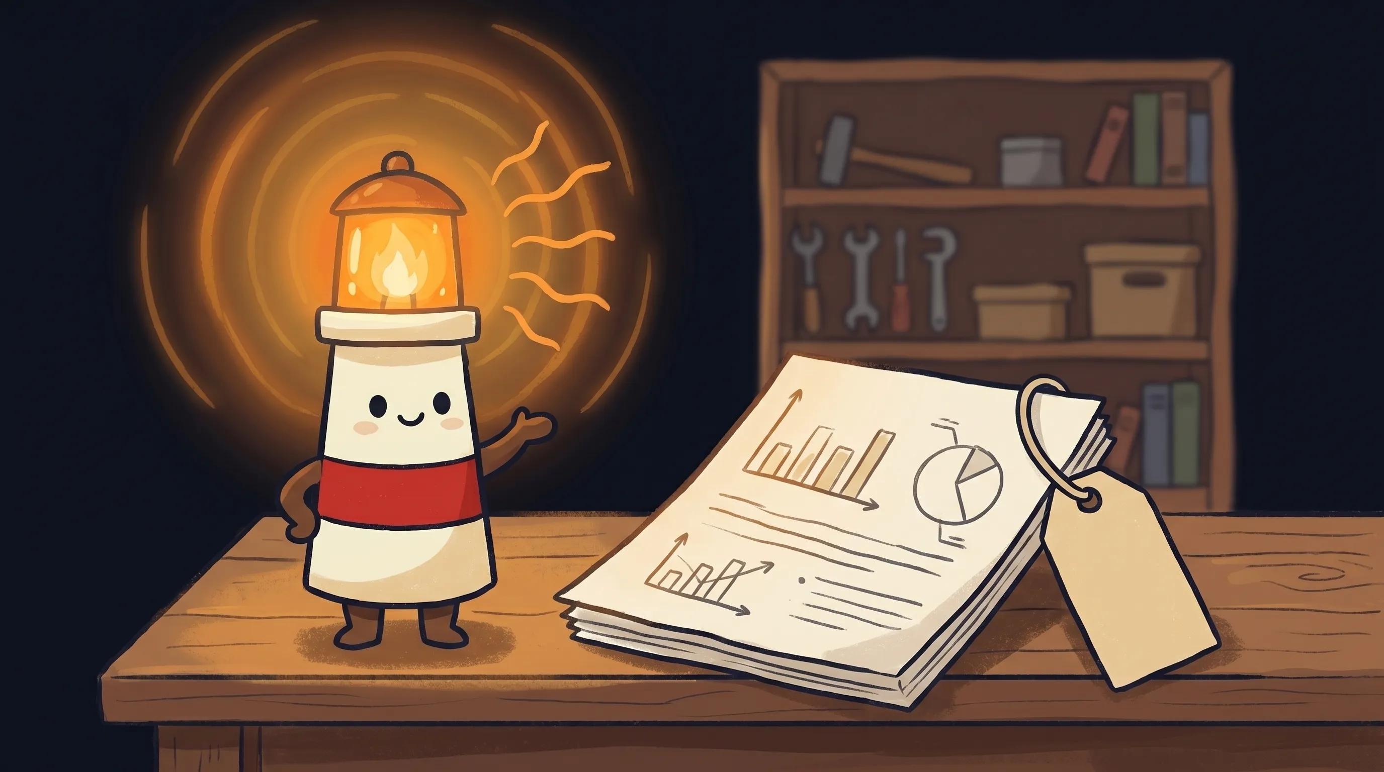 Beacon the lighthouse character shining light on a business quote document, cute cream body with red stripe and glowing am...