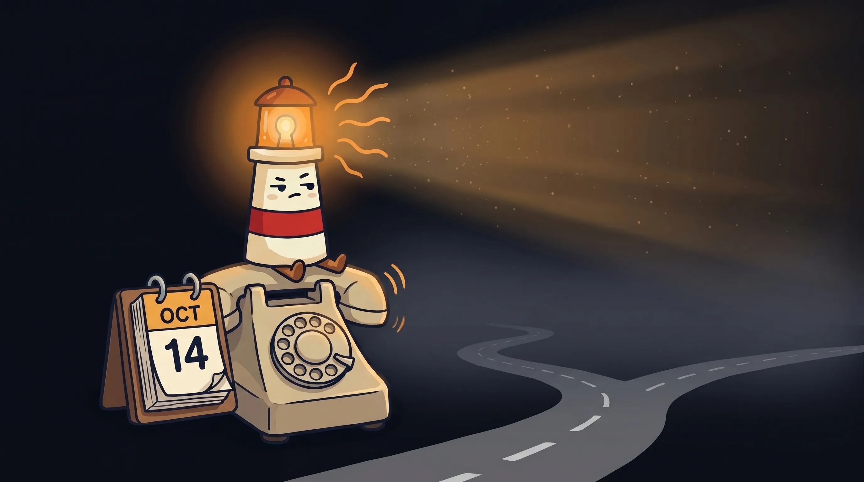 Beacon the lighthouse character shining light on a telephone and chat bubble, representing AI receptionist vs answering se...