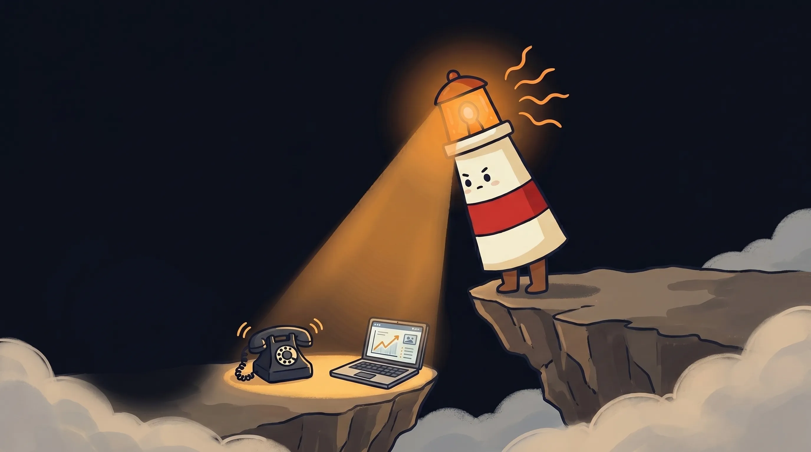 Beacon the lighthouse character shining light on a desk phone and tablet, representing AI receptionist software choices for small business.