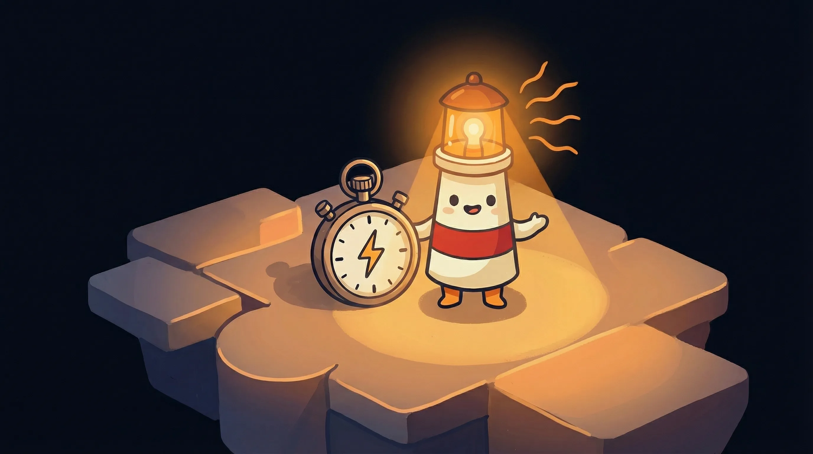 Beacon the lighthouse illuminating a chat bubble with lightning bolt, representing instant AI responses to sales leads.