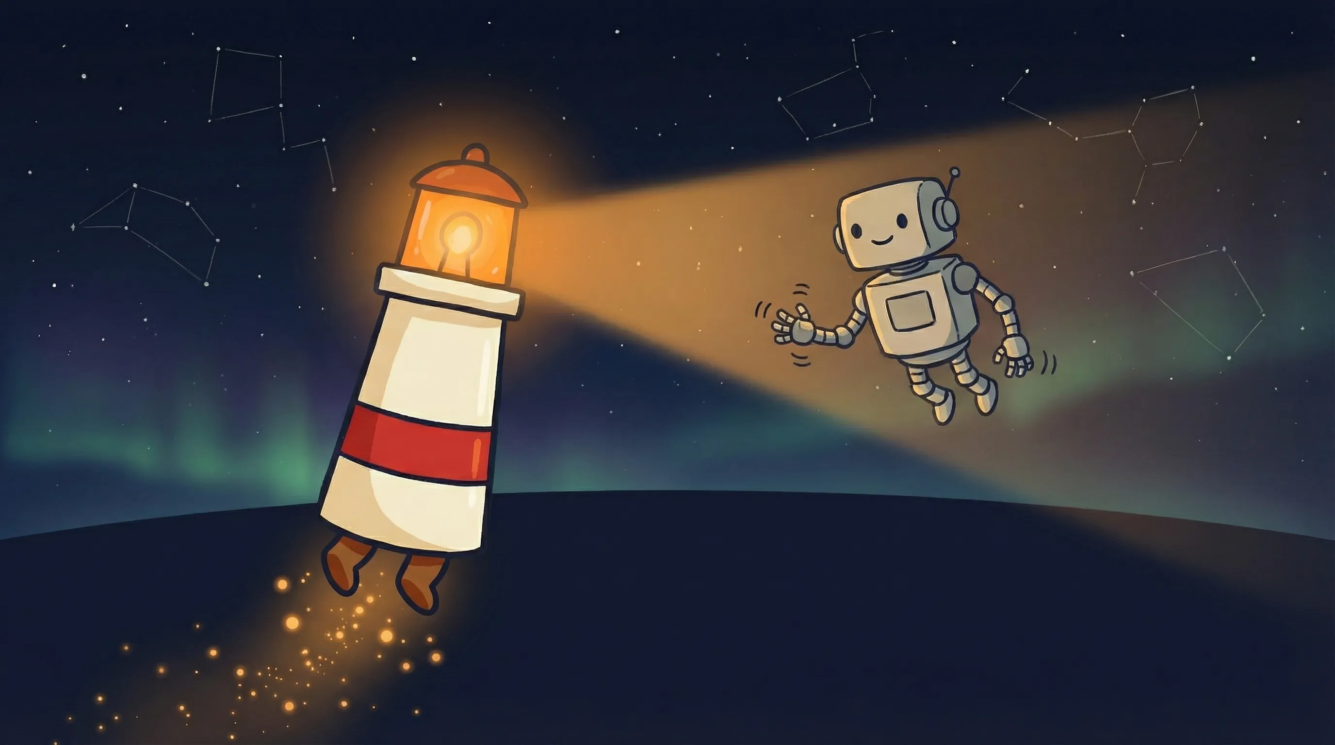 Beacon the lighthouse illuminating a laptop with sales charts, symbolizing AI tools for small business growth.