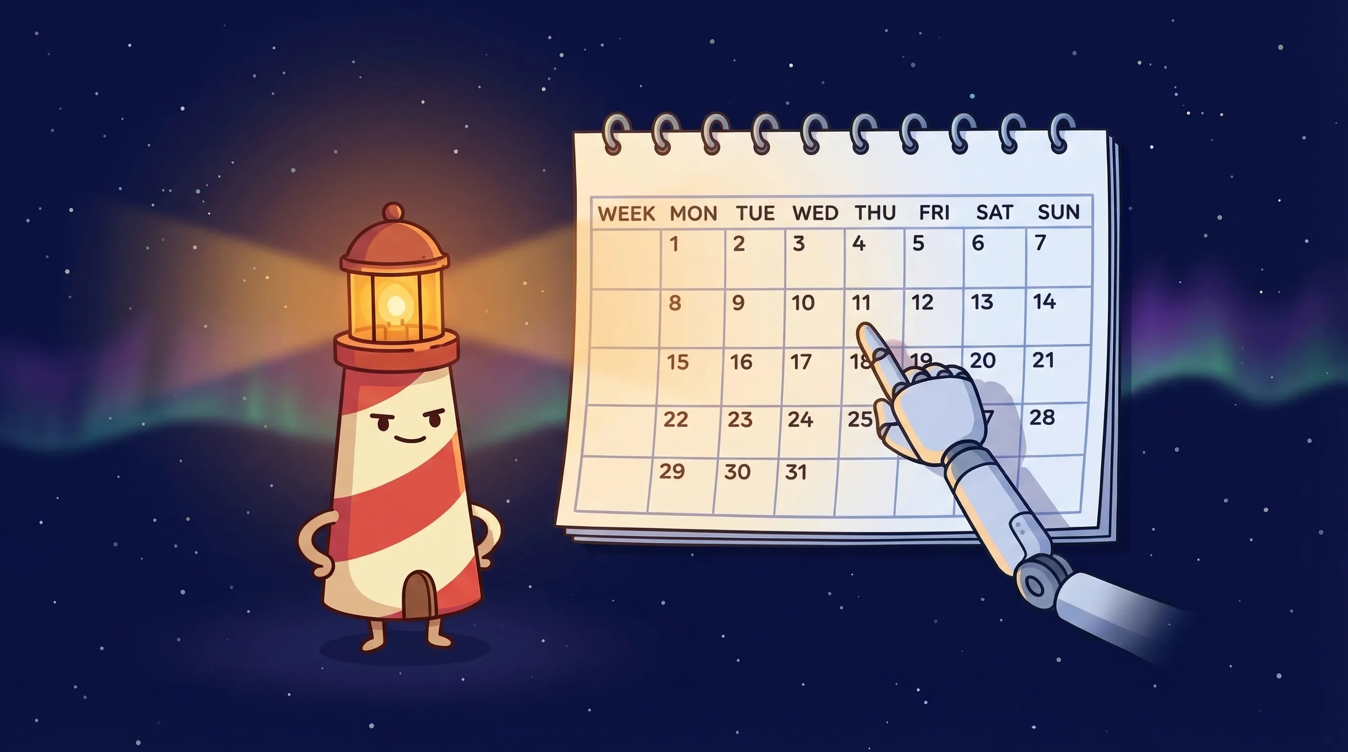 Beacon the lighthouse illuminating a glowing calendar, representing an AI scheduling assistant organizing your time.