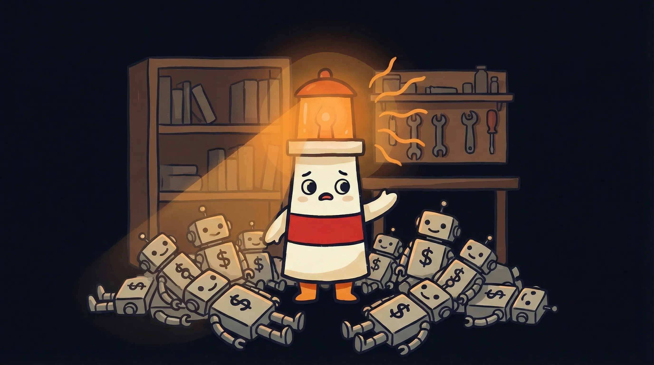 Beacon the lighthouse character shining a warm amber glow onto a small business laptop on a dark navy background.