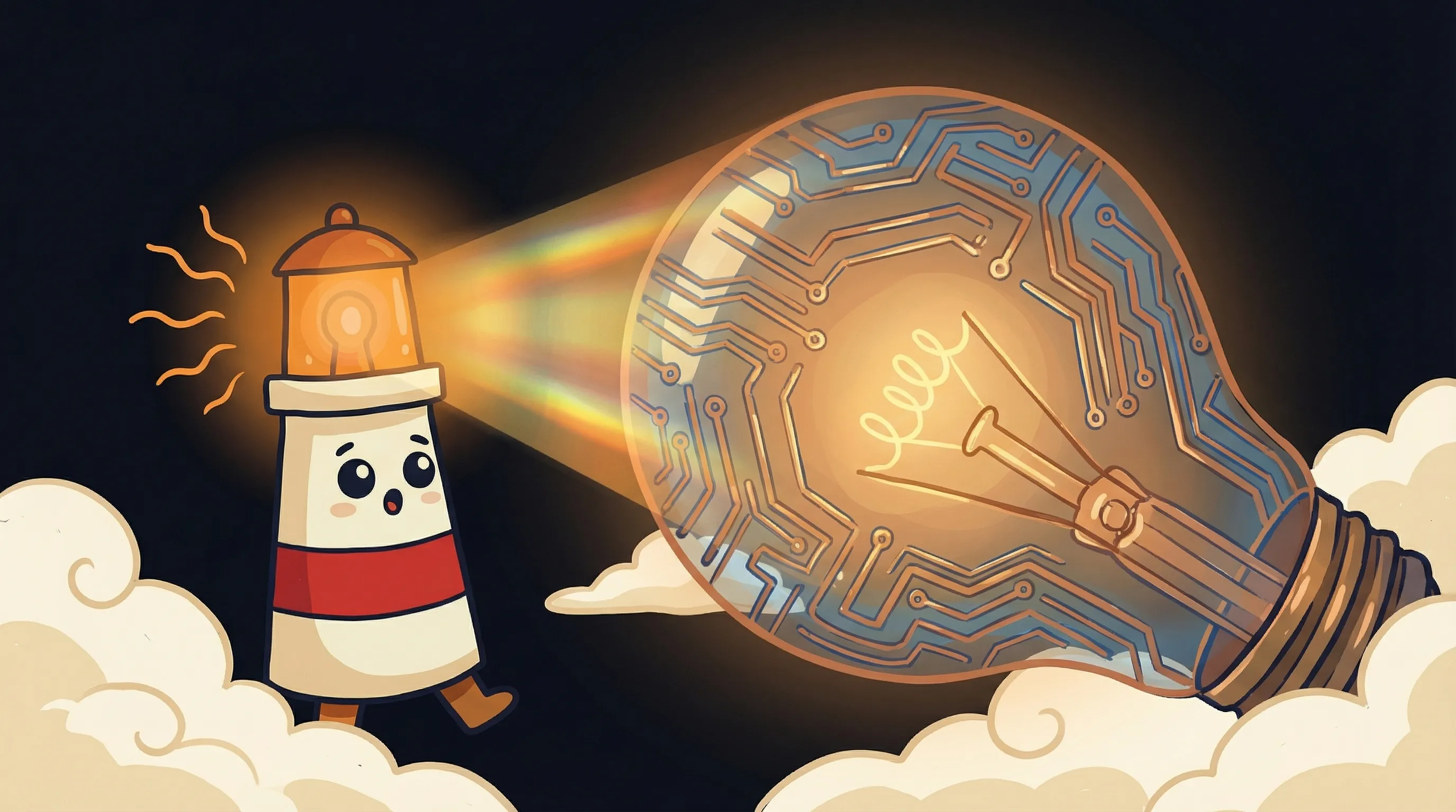 Beacon the lighthouse illuminating a glowing circuit board, representing AI technology for small businesses.