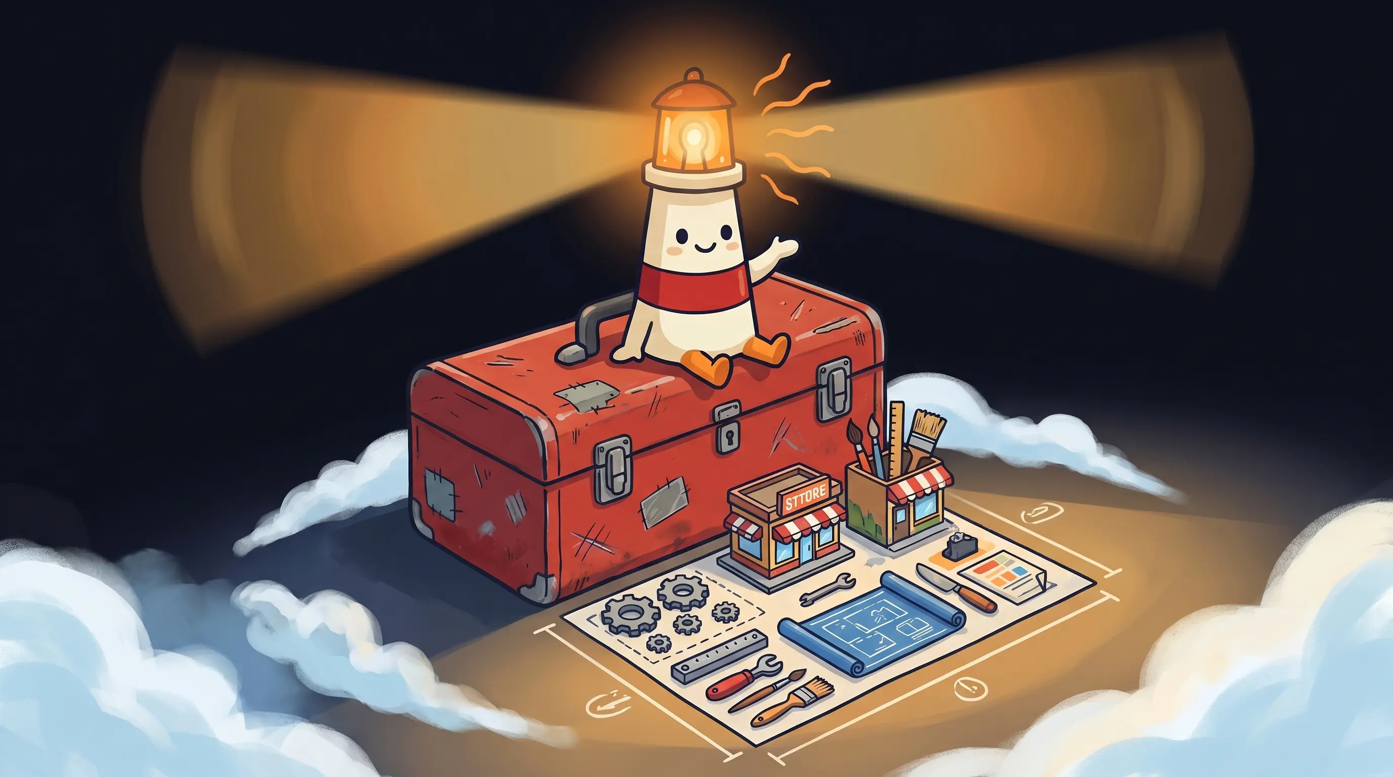 Beacon the lighthouse illuminating a small laptop and invoice stack, representing AI tools for small business owners.