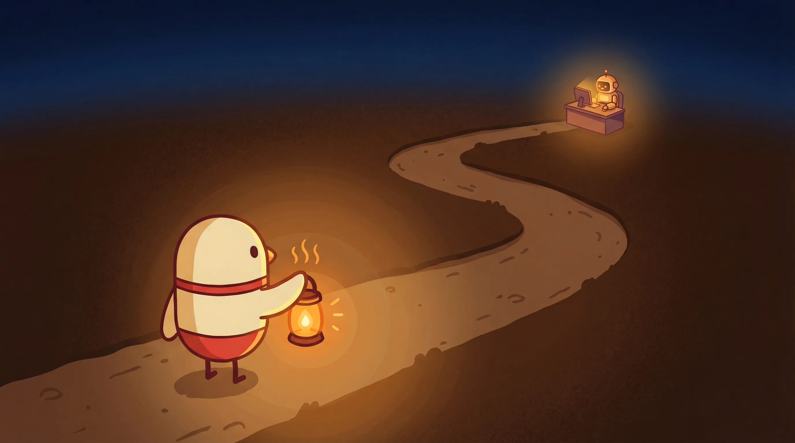 Beacon the lighthouse illuminating a smartphone displaying AI assistant icons on a dark navy background.