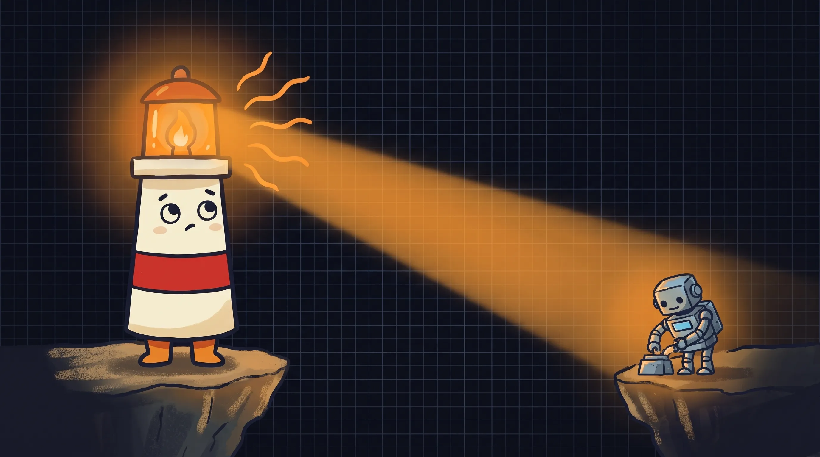 Beacon the lighthouse character shining light on a small business storefront, illustrating AI virtual assistant delegation...