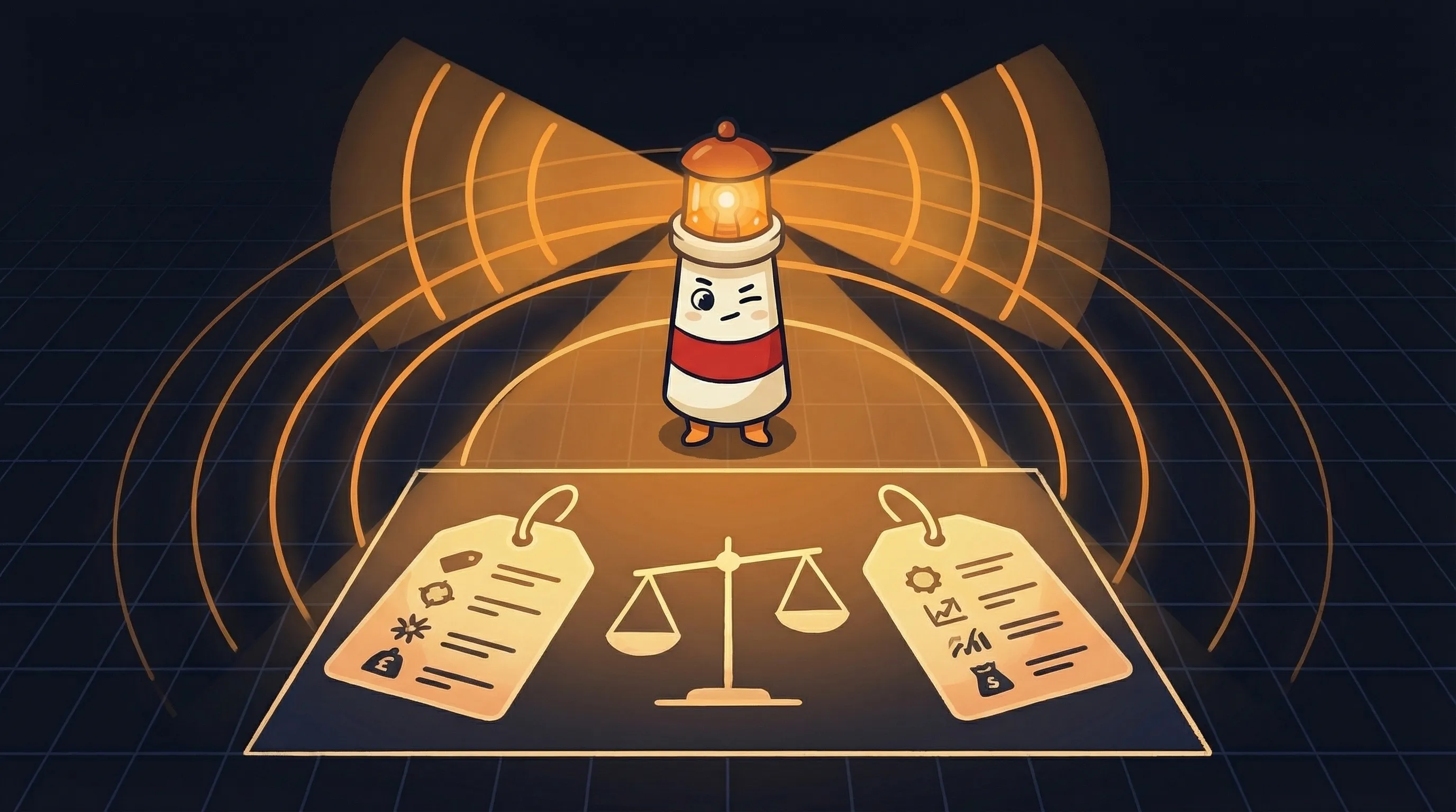 Beacon the lighthouse character shining a warm amber glow onto a price tag on a dark navy background.