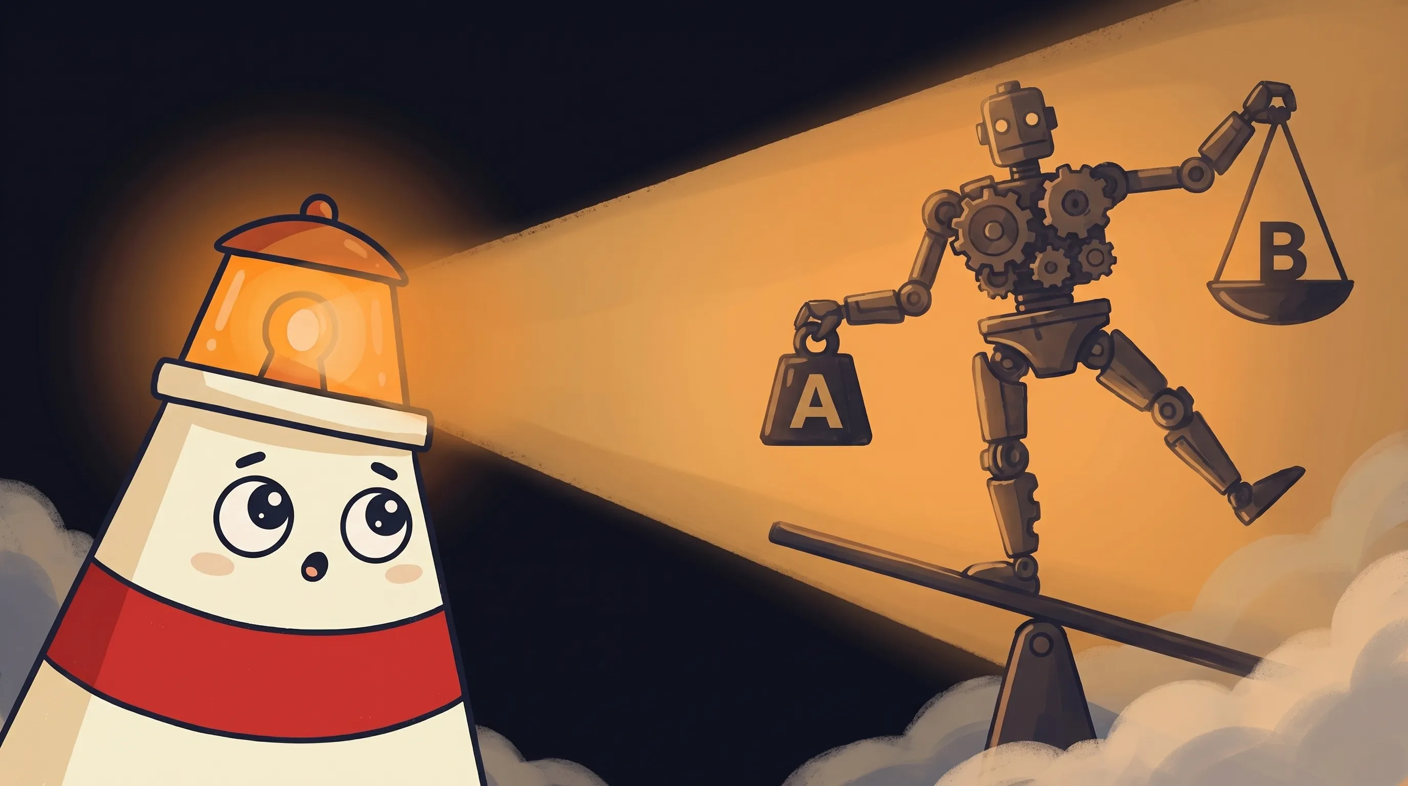 Beacon the lighthouse illuminating a dollar sign and robot icon, comparing AI vs human assistant costs for small businesses.