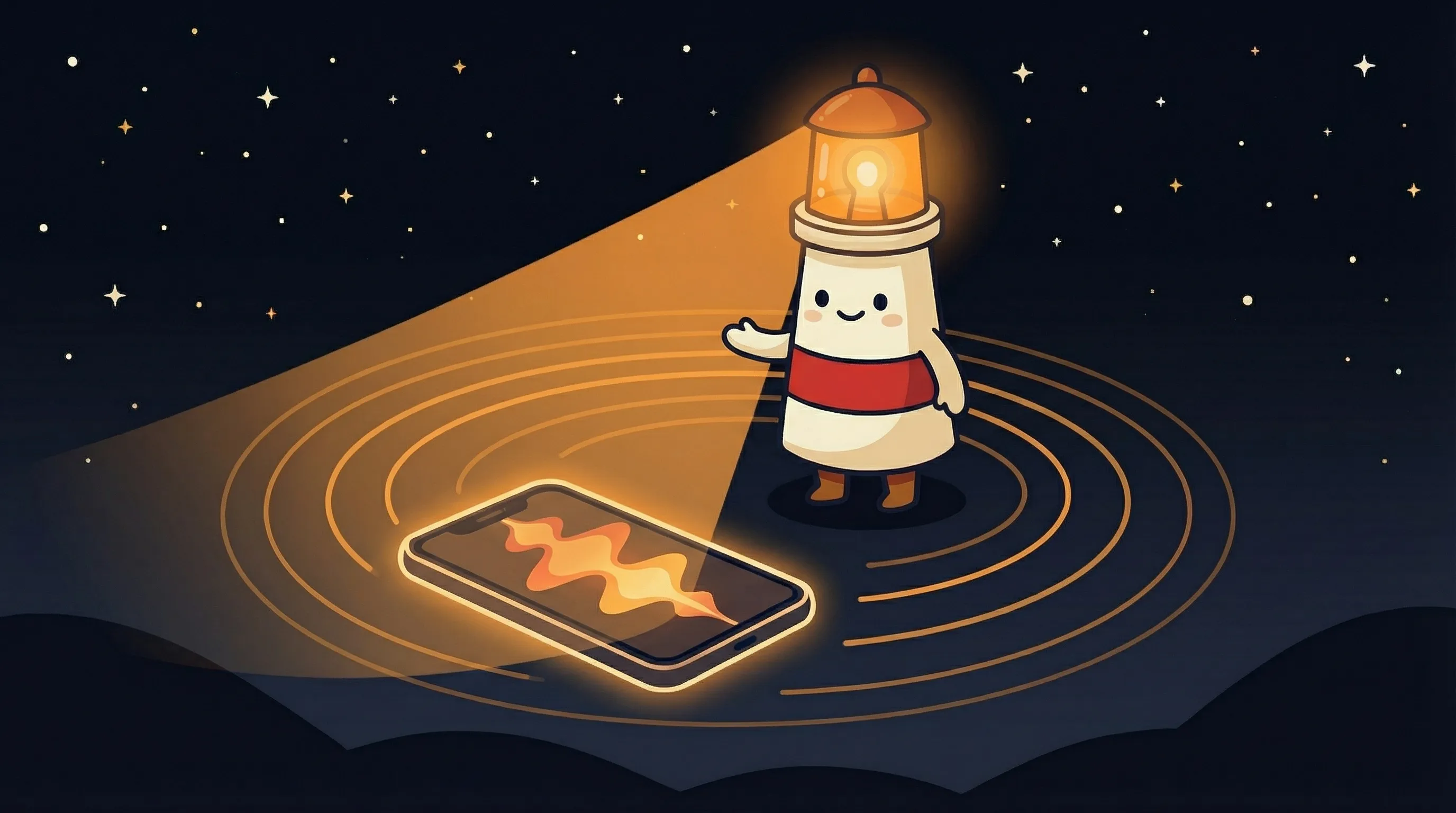 Beacon the lighthouse character shining its amber light onto a ringing phone, representing an AI voice agent answering calls.
