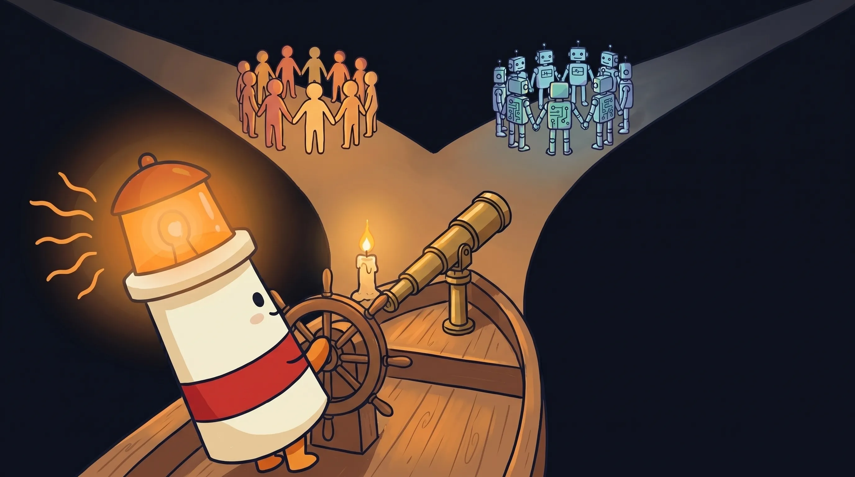 Beacon the lighthouse illuminates two figures side by side — one labeled "AI workforce," one "AI employee" — on a dark nav...