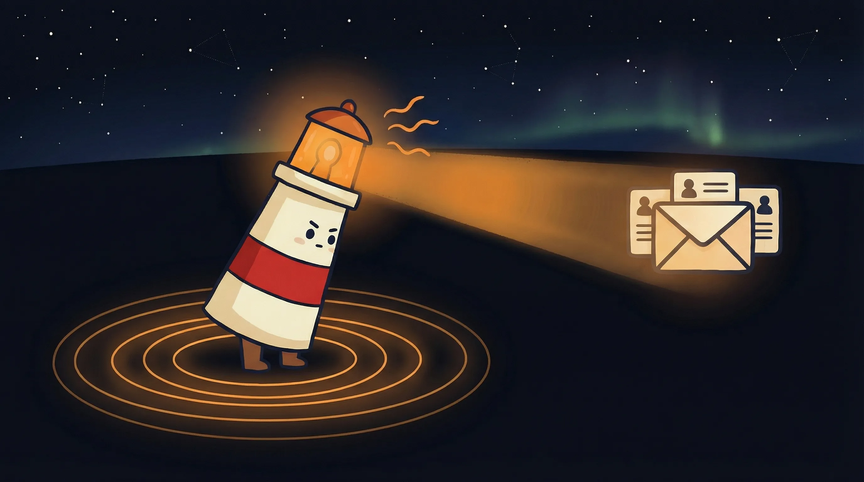 Beacon the lighthouse character shining light on a glowing email envelope on a dark navy background.