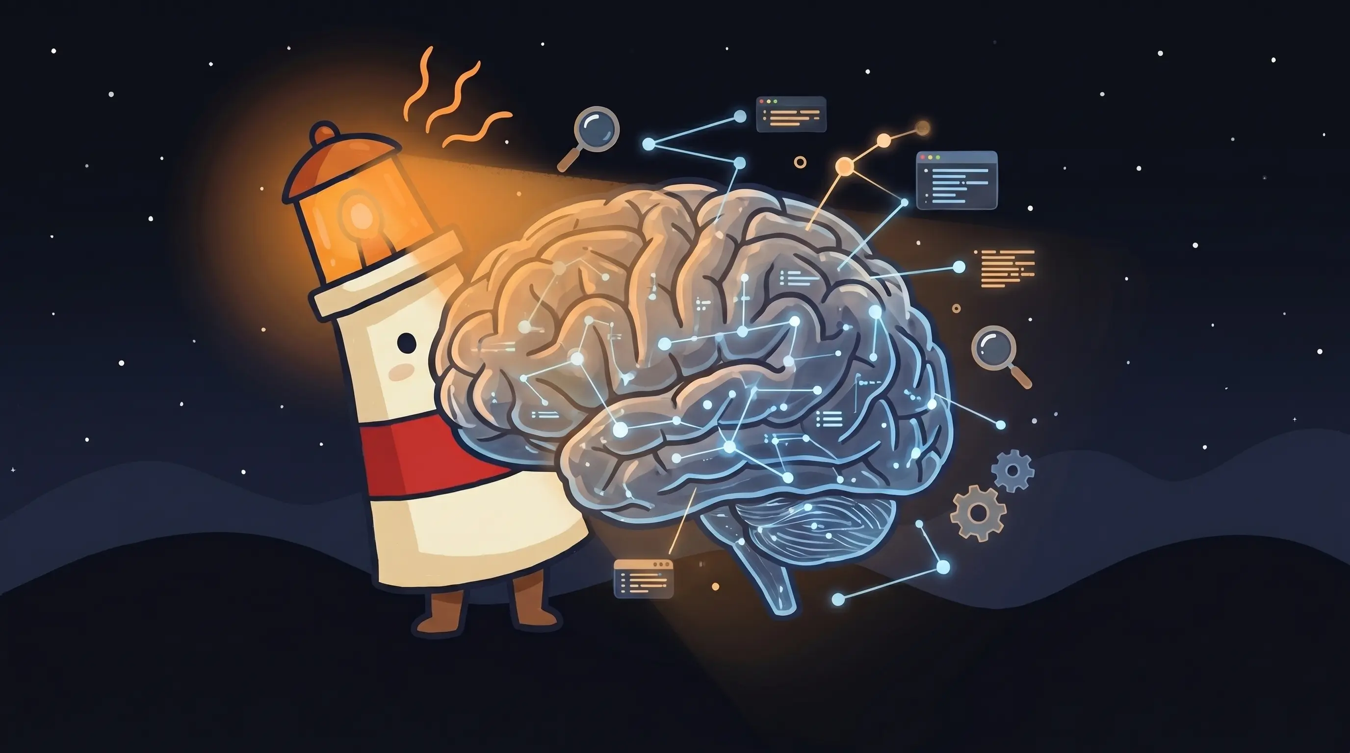 Beacon the lighthouse character shining light on a glowing brain with memory nodes, representing AI agent memory on dark n...