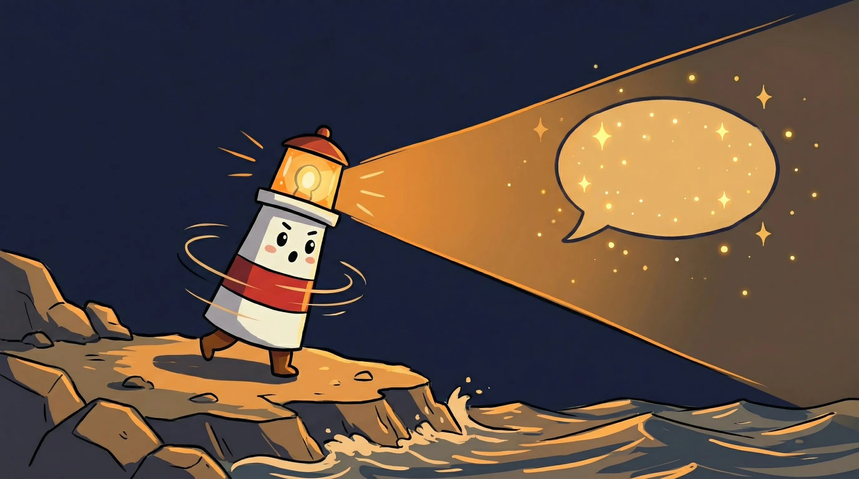 Beacon the lighthouse illuminating a glowing smartphone displaying the Siri icon on a dark navy background.