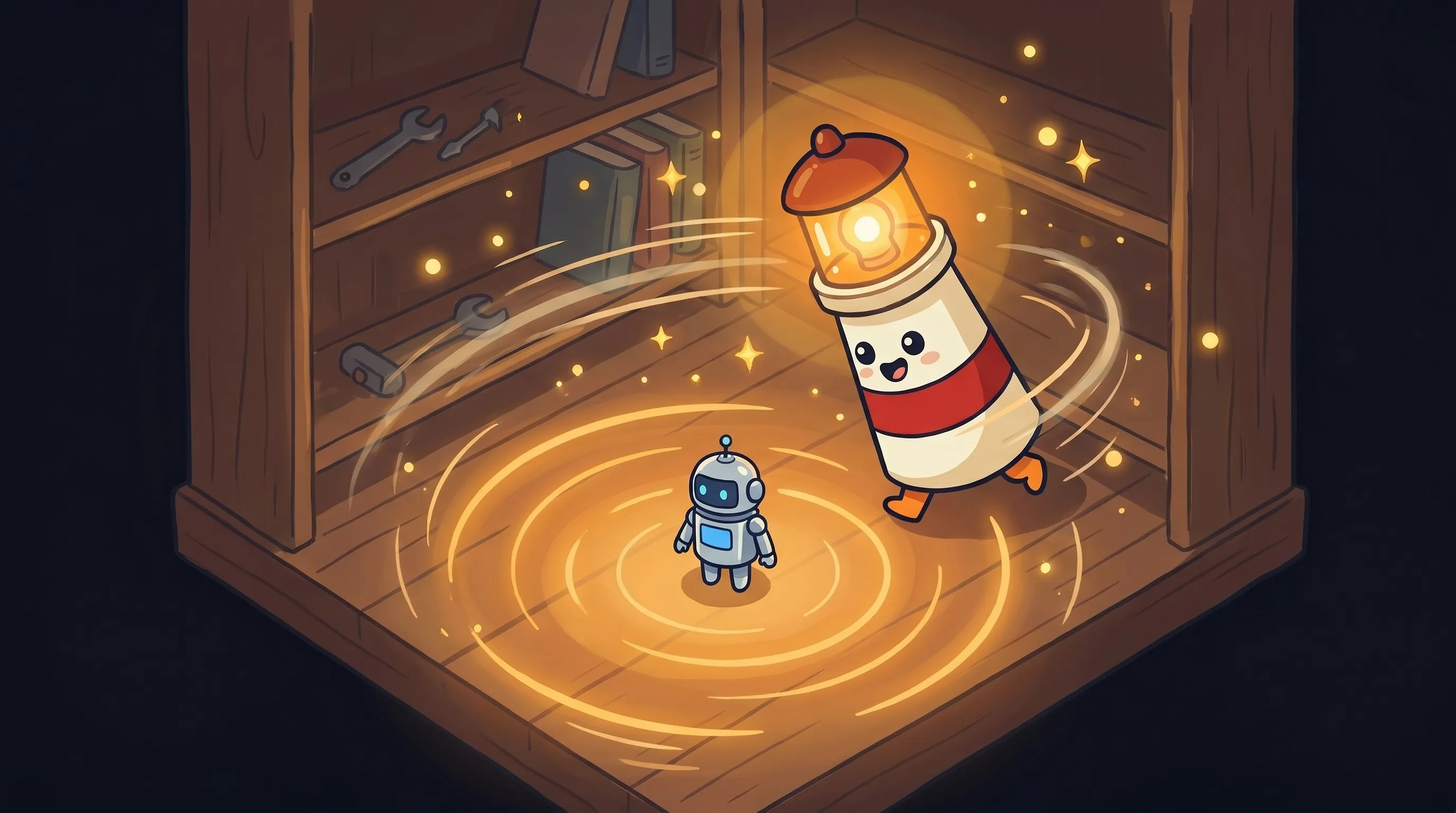 Beacon the lighthouse illuminating a glowing AI circuit board, cream body with red stripe, amber lantern top, on dark navy...