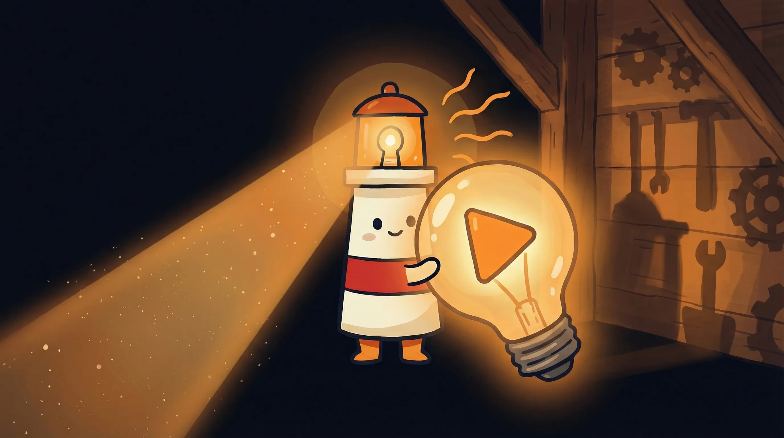 Beacon the lighthouse illuminating a YouTube play button, representing AI-powered video research and content ideas.