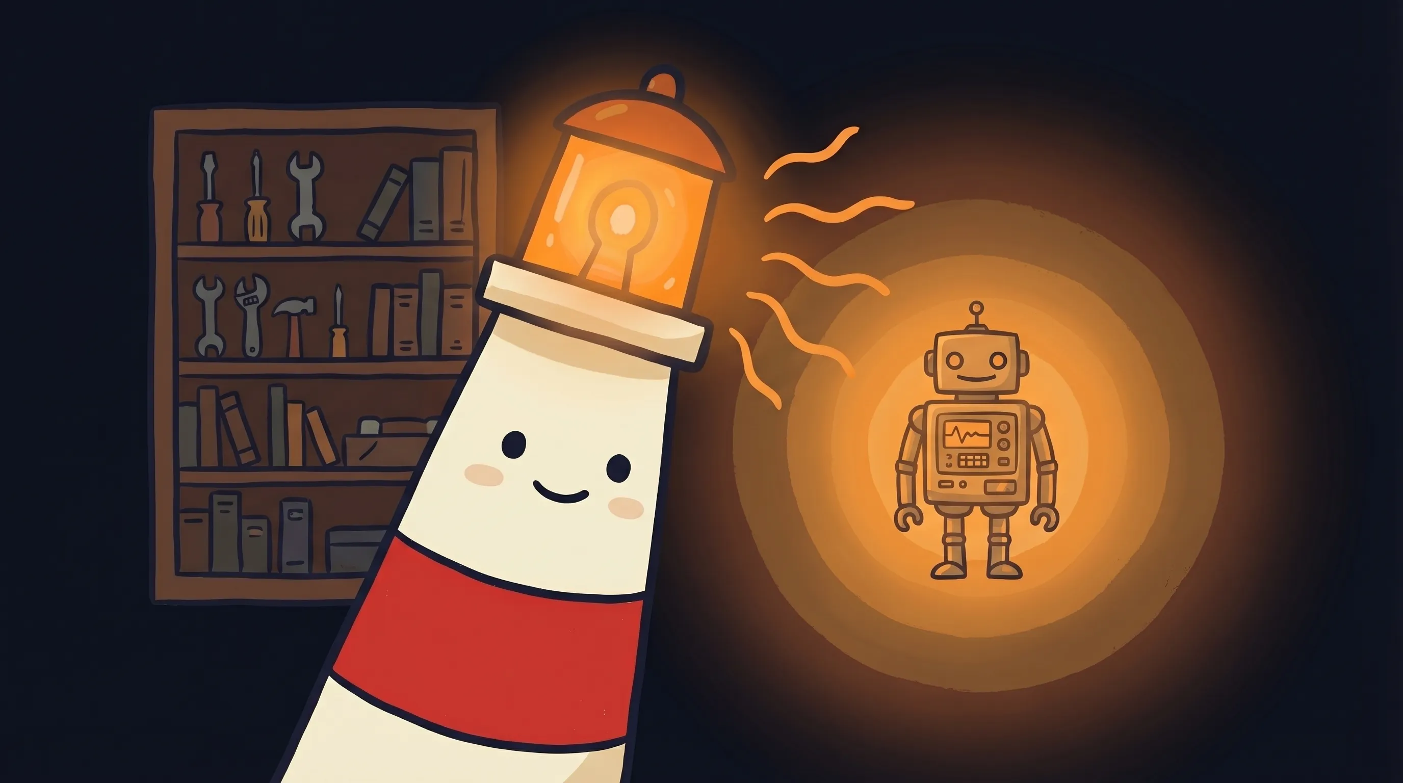 Beacon the lighthouse character shining a glowing amber beam onto a comparison chart of AI agent platform options.