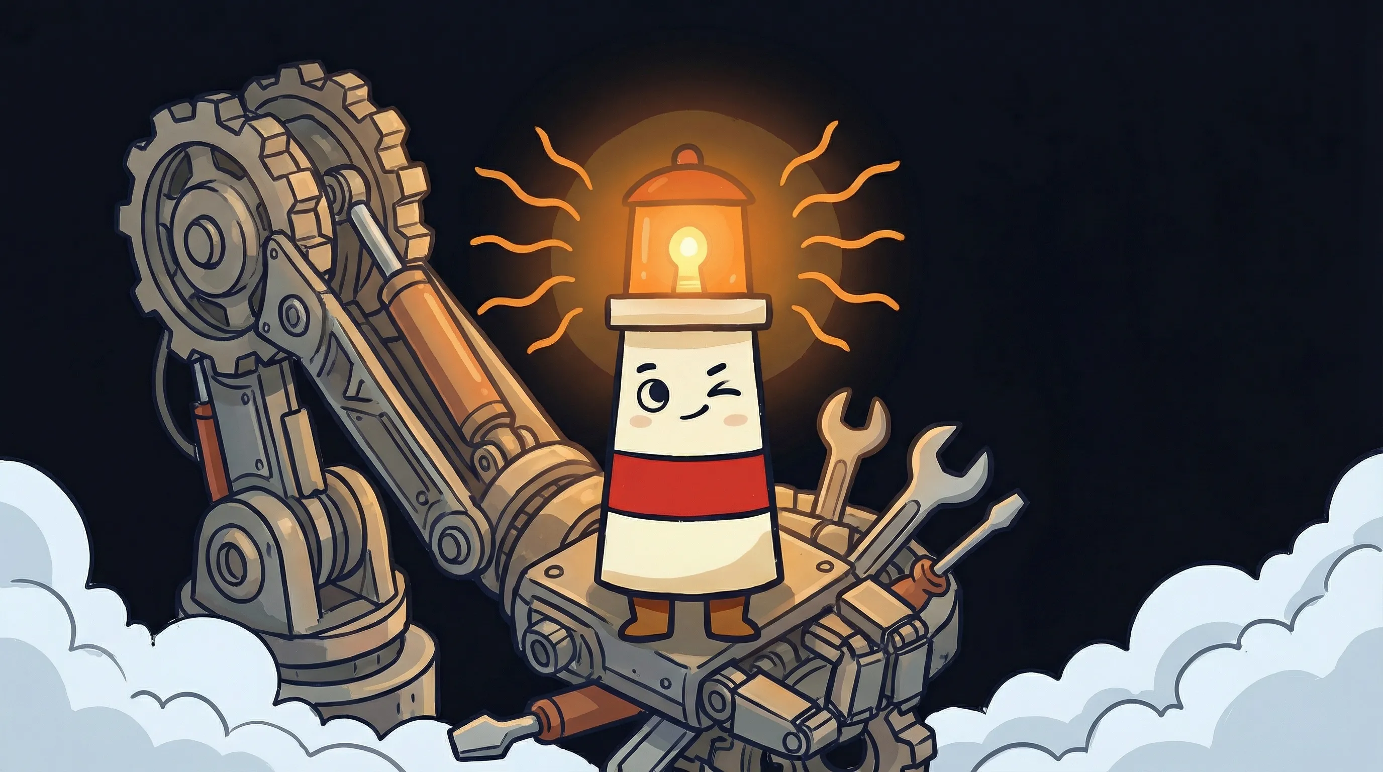 Beacon the lighthouse illuminating an AI agent platform comparison on dark navy background