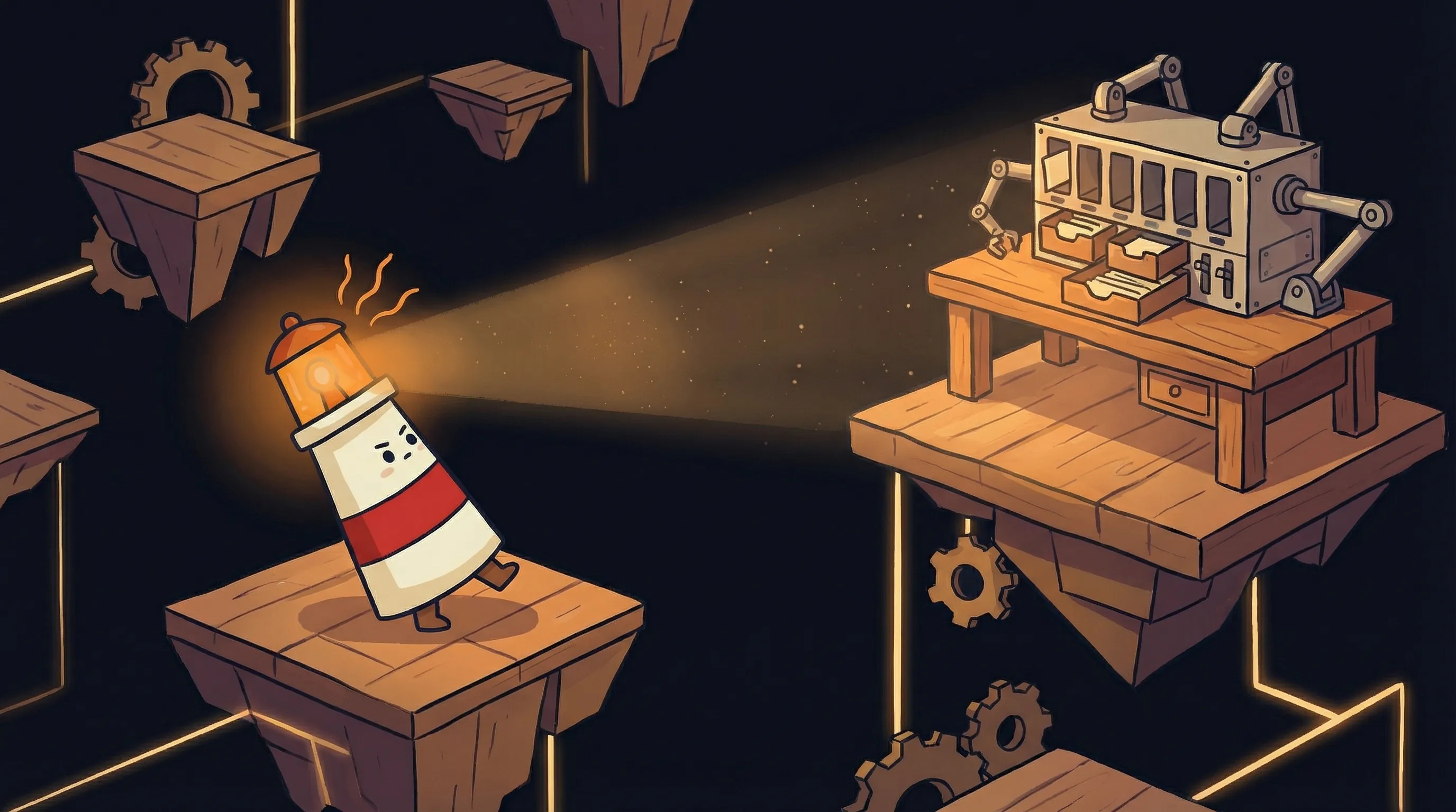 Beacon the lighthouse illuminating an envelope icon representing AI email assistant technology on dark navy background