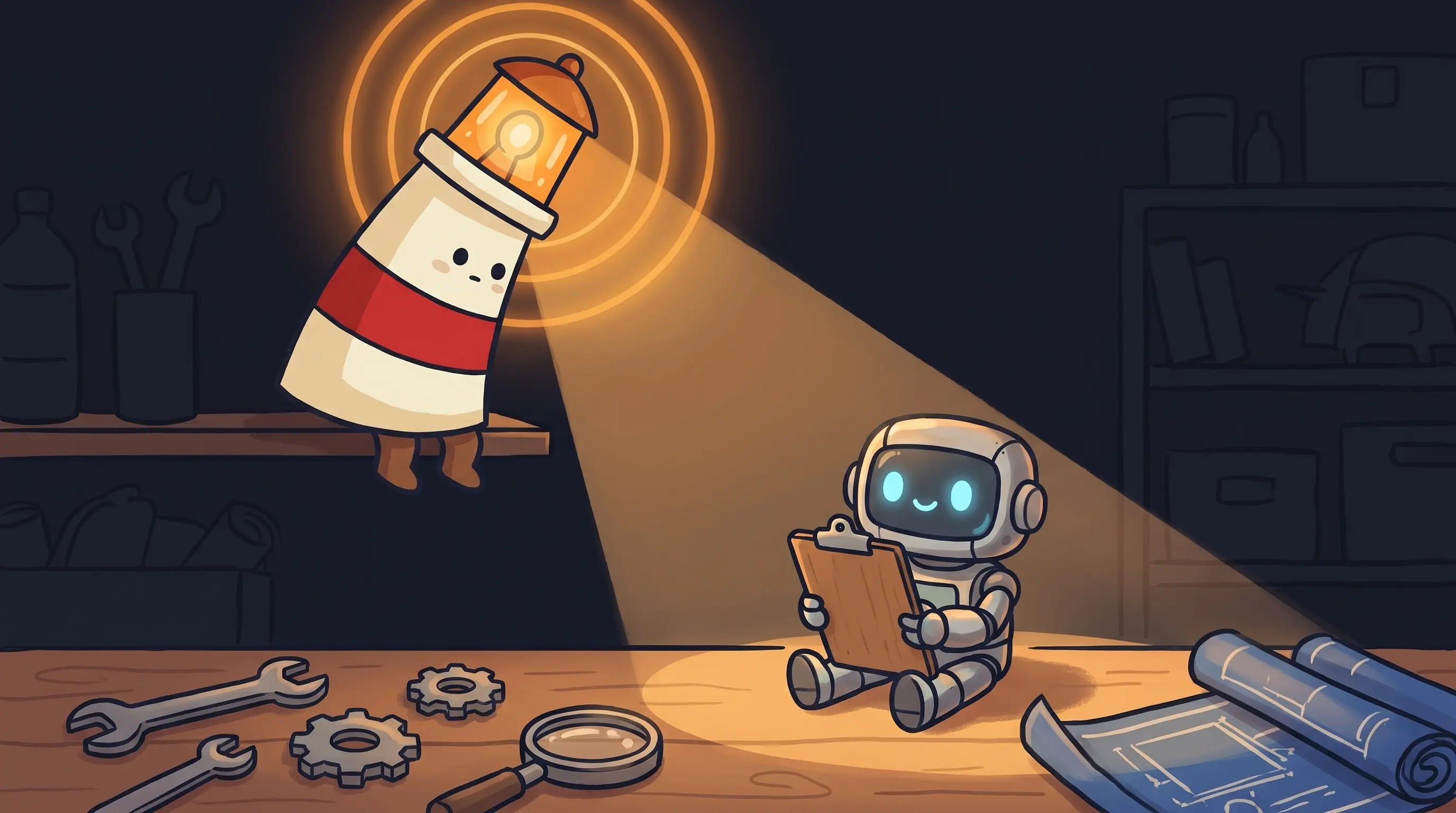 Beacon the lighthouse character shining light on a small business storefront, symbolizing AI automation guidance.