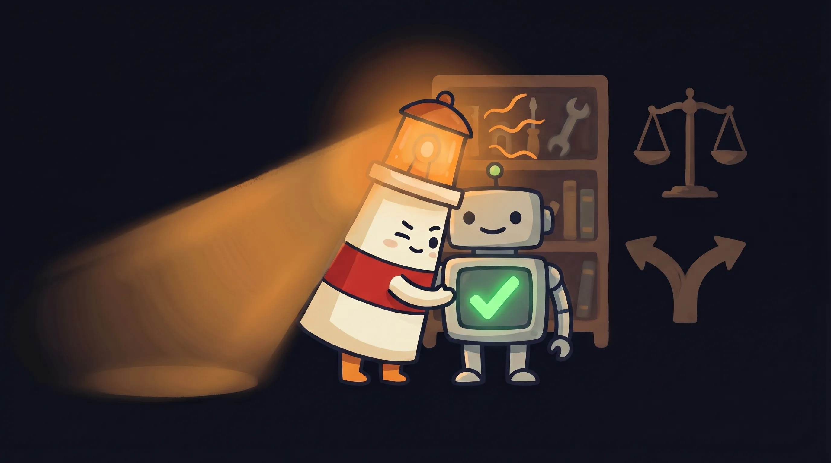 Beacon the lighthouse character shining light on a small business storefront, representing AI employee software tools.