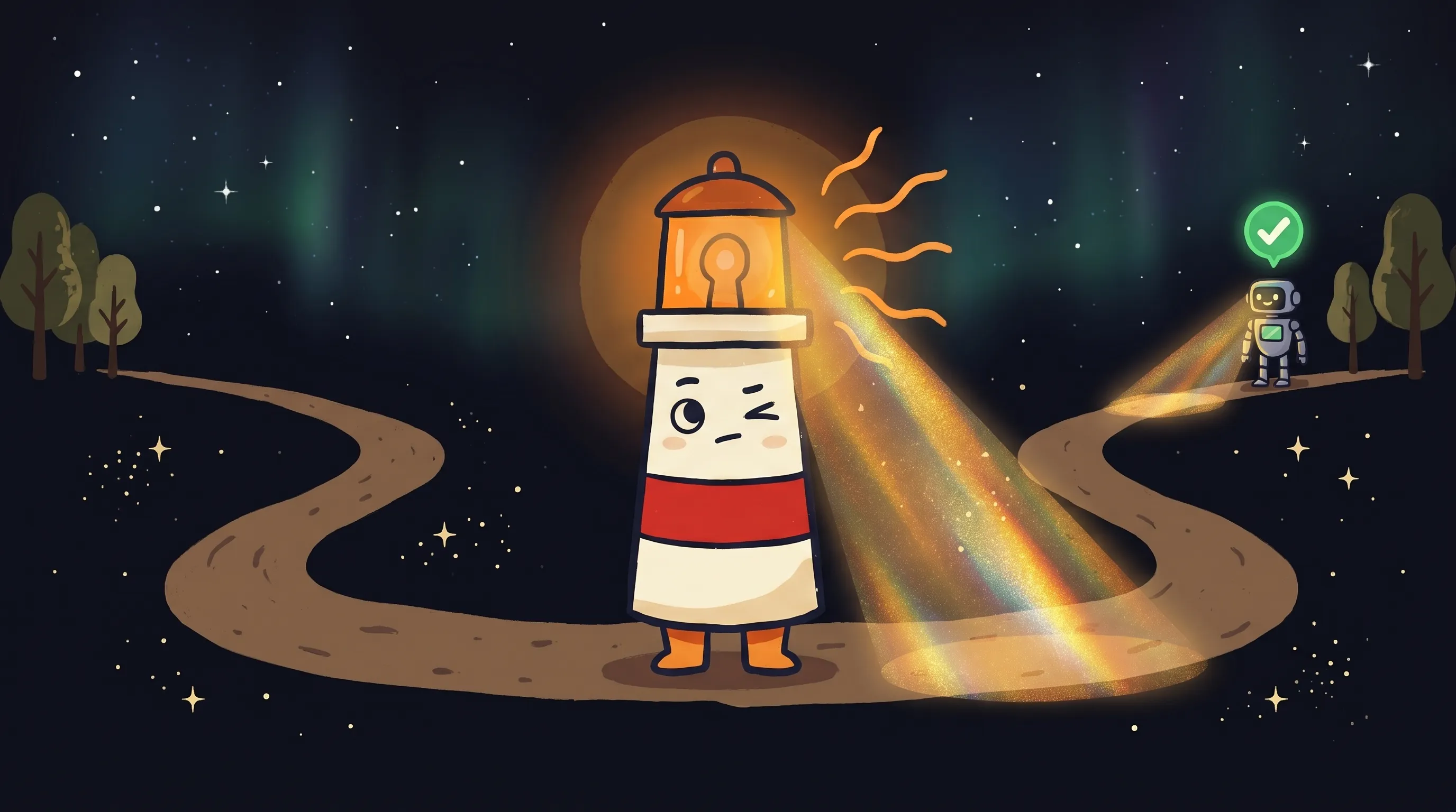 Beacon the lighthouse illuminating a small robot employee at a desk, with a glowing amber light and red stripe on cream body.