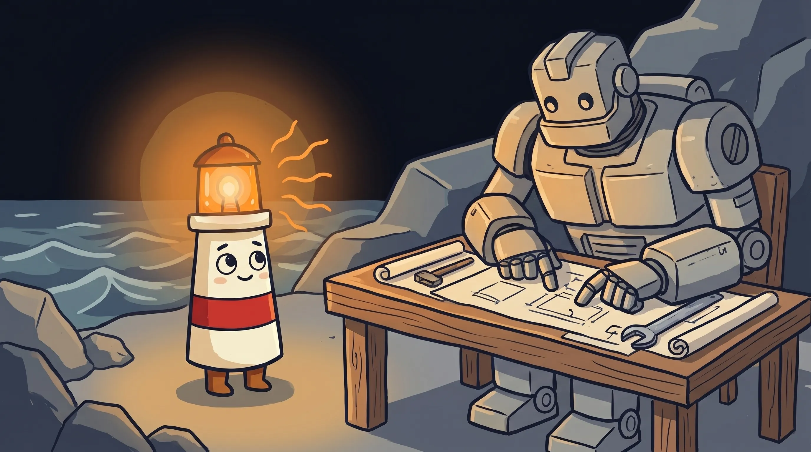 Beacon the lighthouse character shining light on AI employee software comparison cards on a dark navy background.