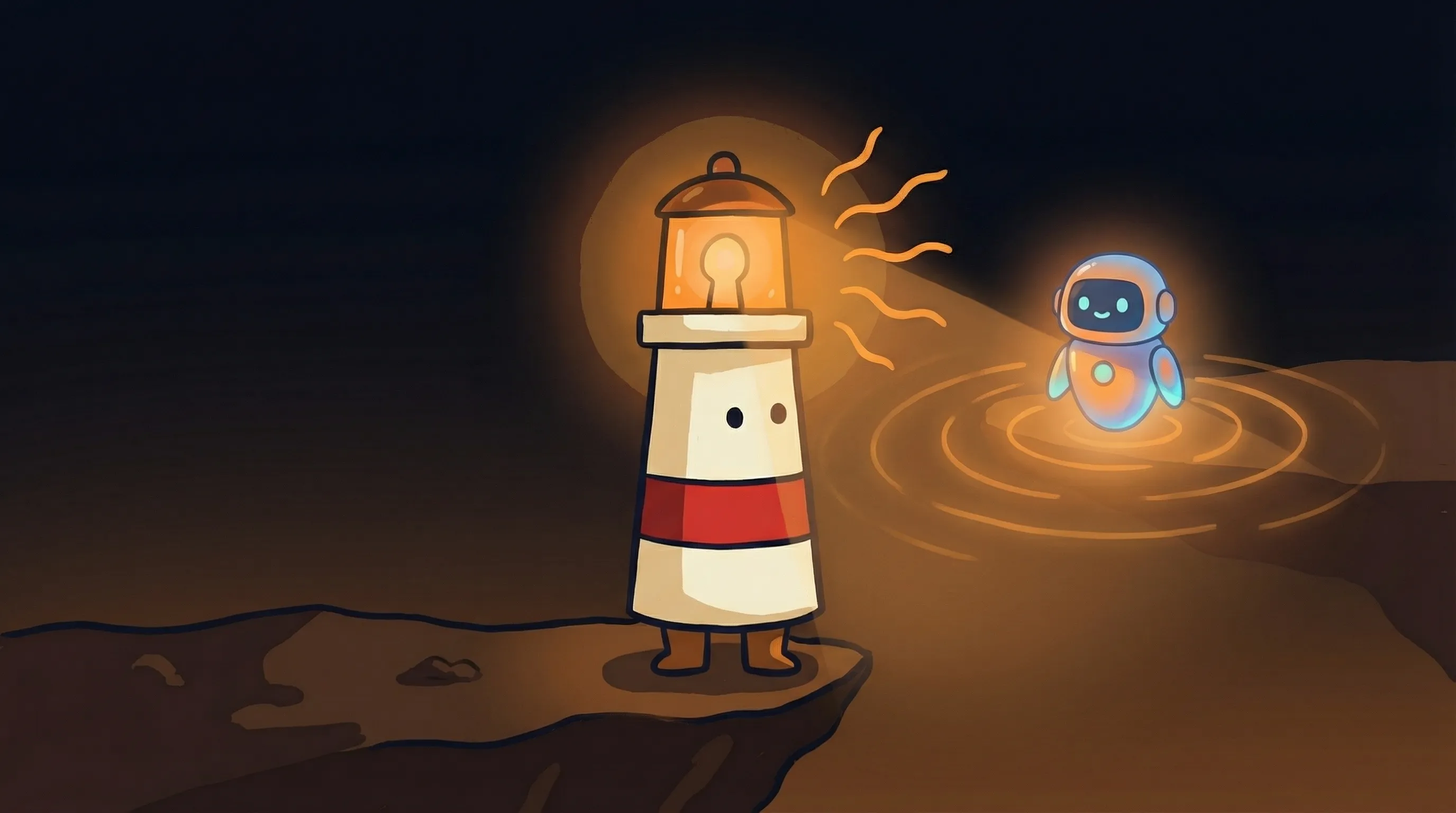 Beacon the lighthouse character shining a warm amber glow onto a glowing AI assistant interface on dark navy background.