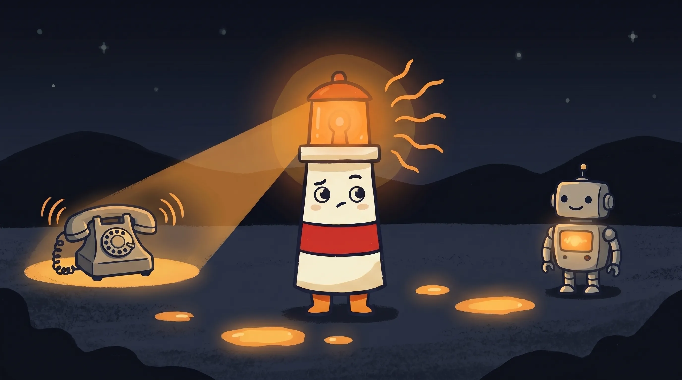 Beacon the lighthouse character shining its amber glow onto a ringing phone, symbolizing missed-call follow-up for small b...