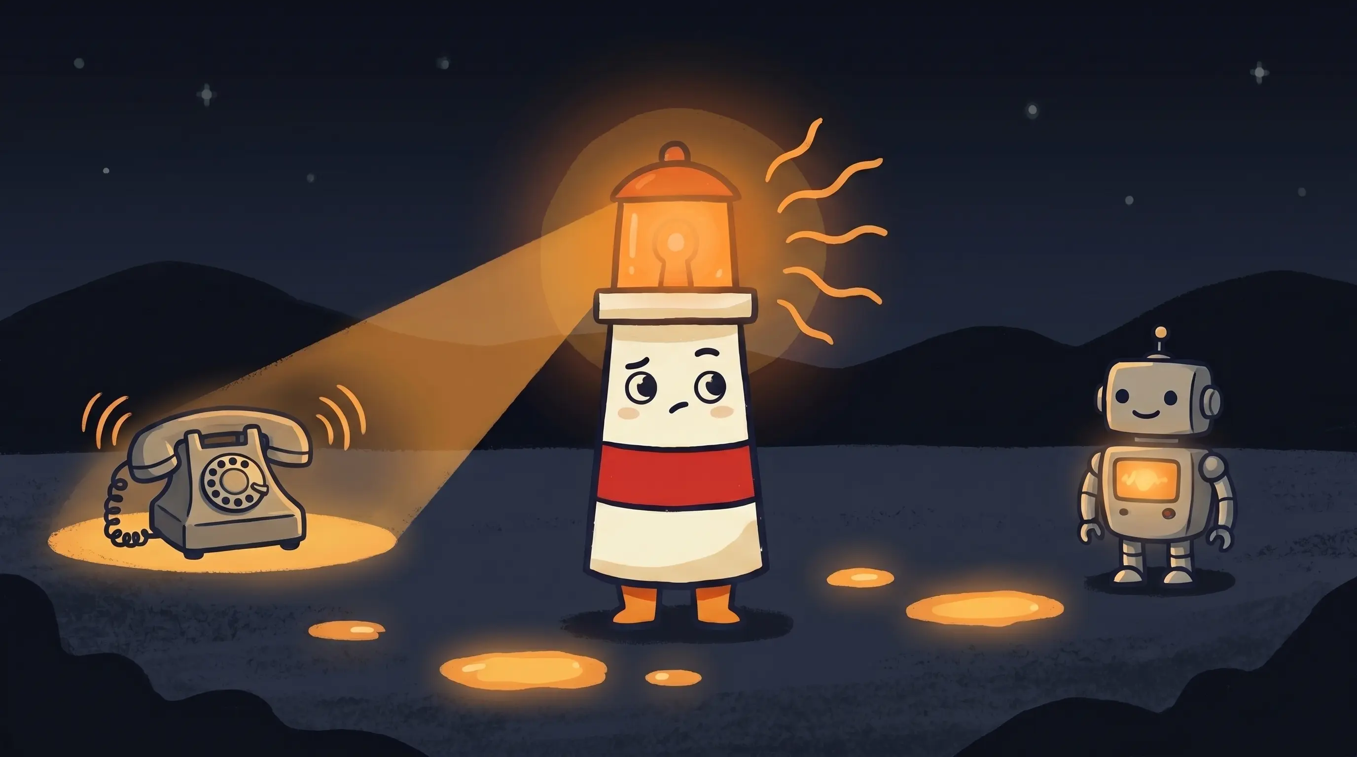 Beacon the lighthouse character shining its amber glow onto a ringing phone, symbolizing missed-call follow-up for small b...