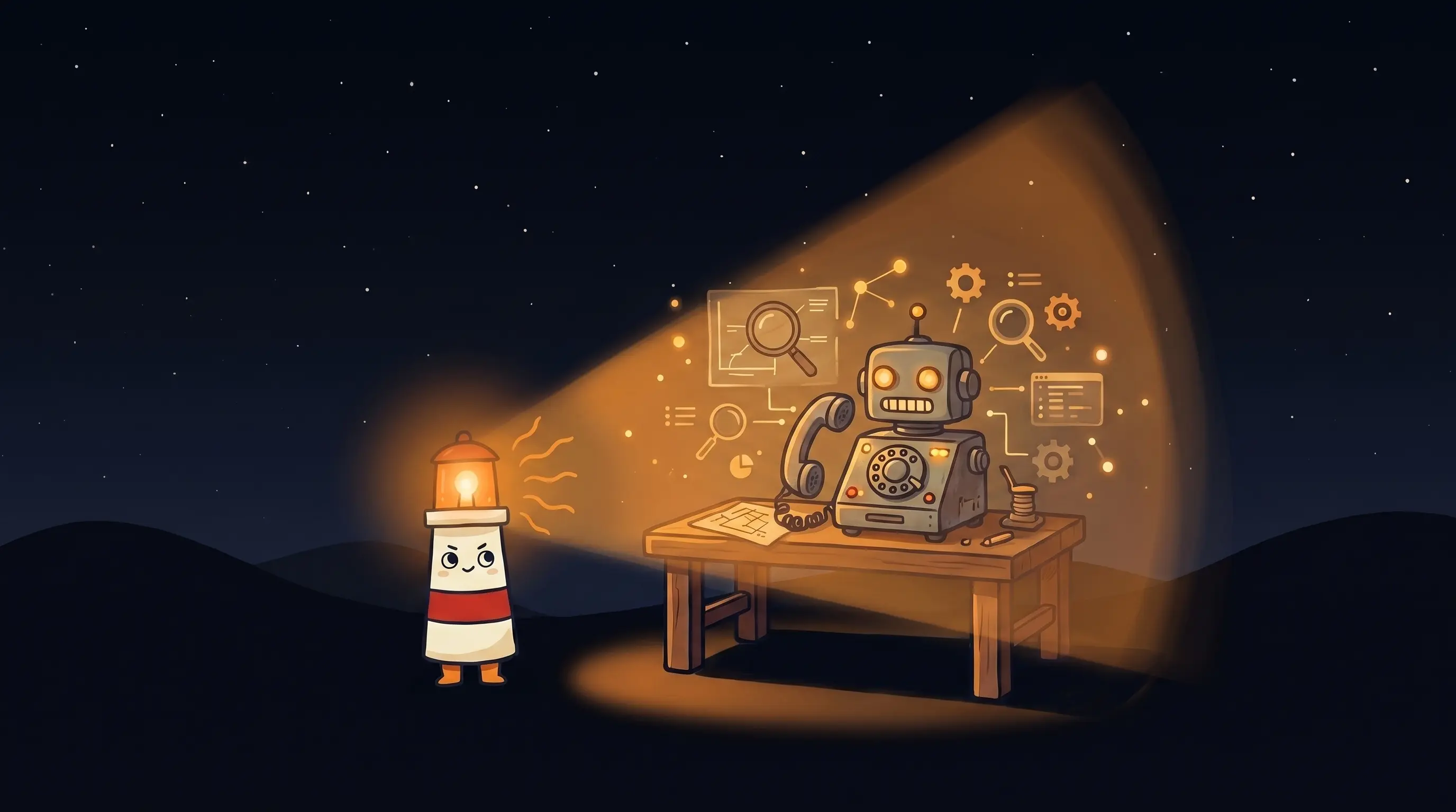 Beacon the lighthouse character shining a warm amber glow onto a reception desk on a dark navy background.