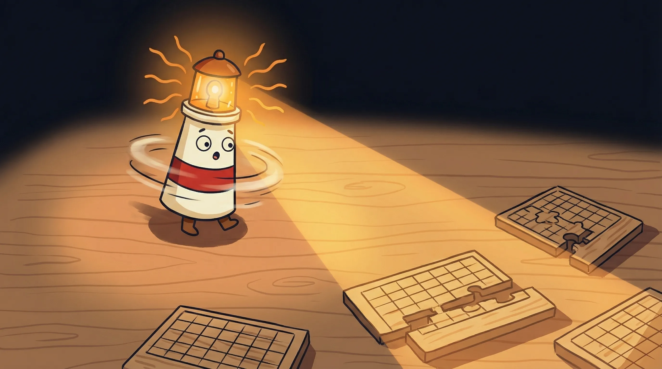 Beacon the lighthouse illuminating a tangled calendar grid, symbolizing scheduling chaos on a dark navy background.