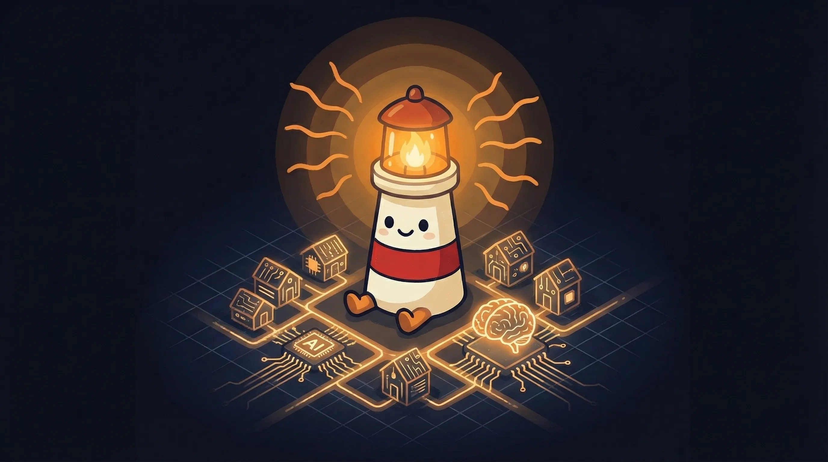 Beacon the lighthouse character shining light on a glowing screen displaying AI tools for business on a dark navy background.