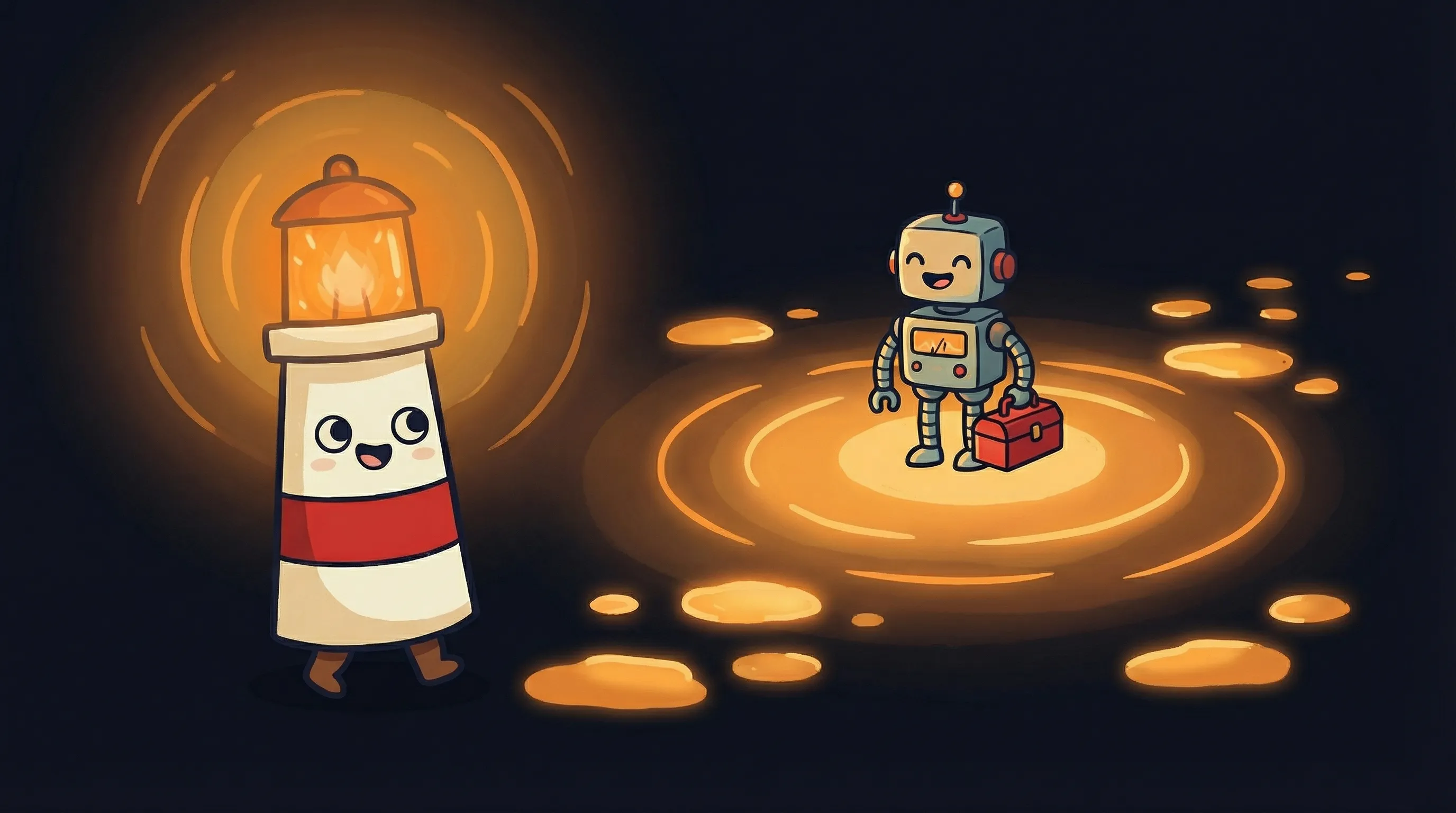 Beacon the lighthouse illuminating AI tools and gears representing small business automation on dark navy background