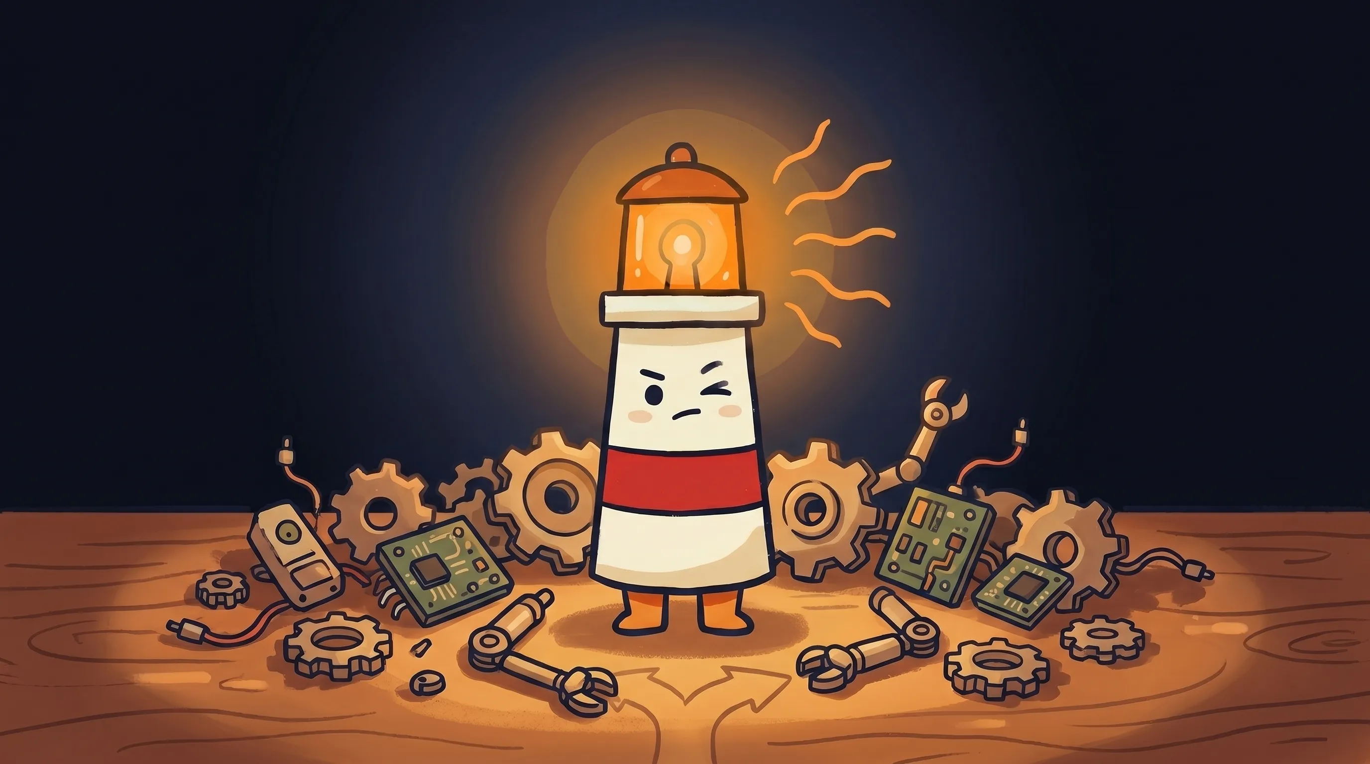 Beacon the lighthouse character shining a warm amber glow onto a small business storefront on a dark navy background.