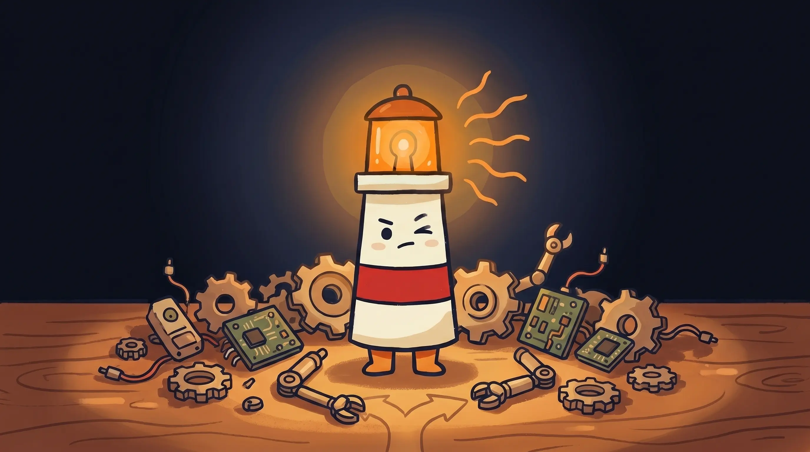 Beacon the lighthouse character shining a warm amber glow onto a small business storefront on a dark navy background.