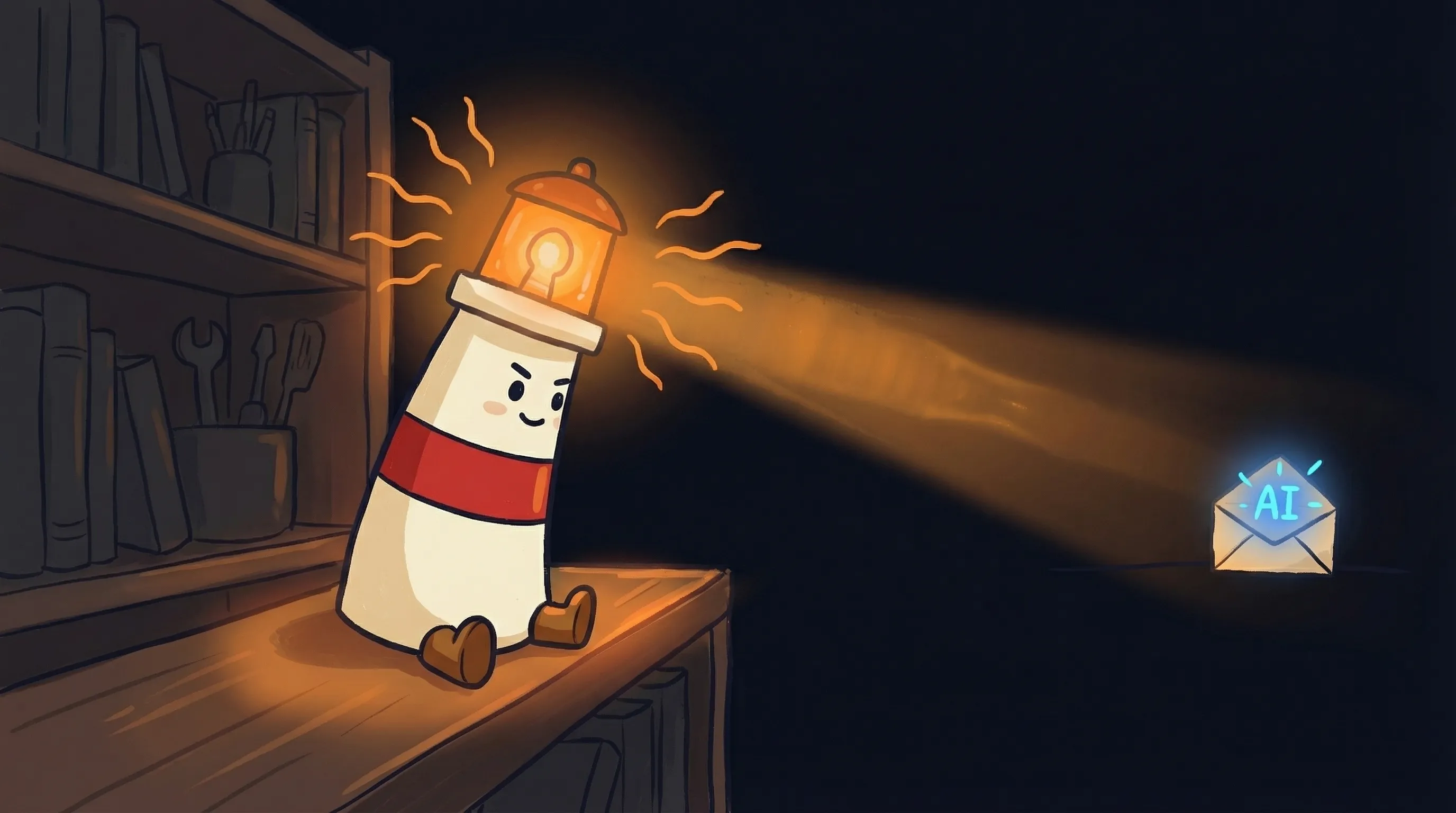 Beacon the lighthouse illuminating an email envelope with warm amber light on a dark navy background.