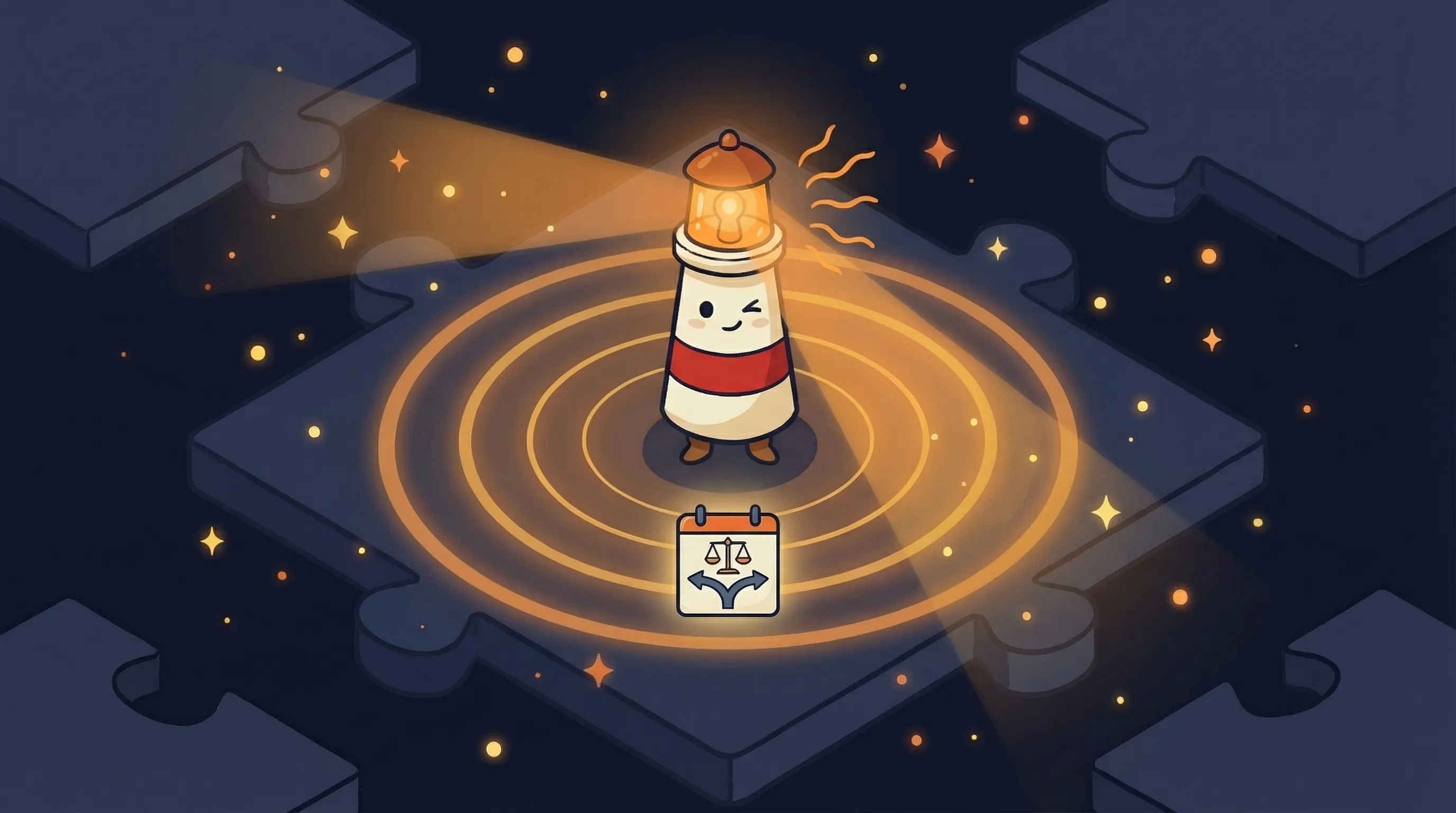 Beacon the lighthouse character shining a warm amber glow onto a glowing calendar, illustrating an AI scheduling assistant.